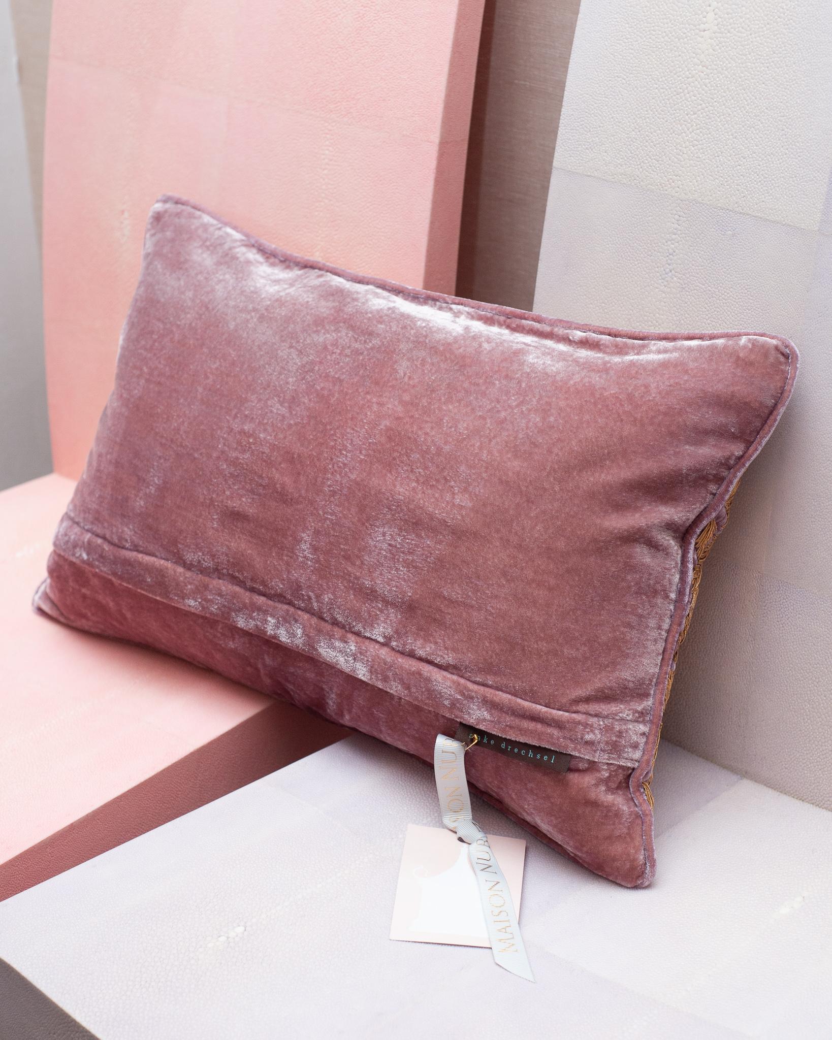 German Contemporary Vintage Plum Silk Velvet Pillow with Metallic Embroidery