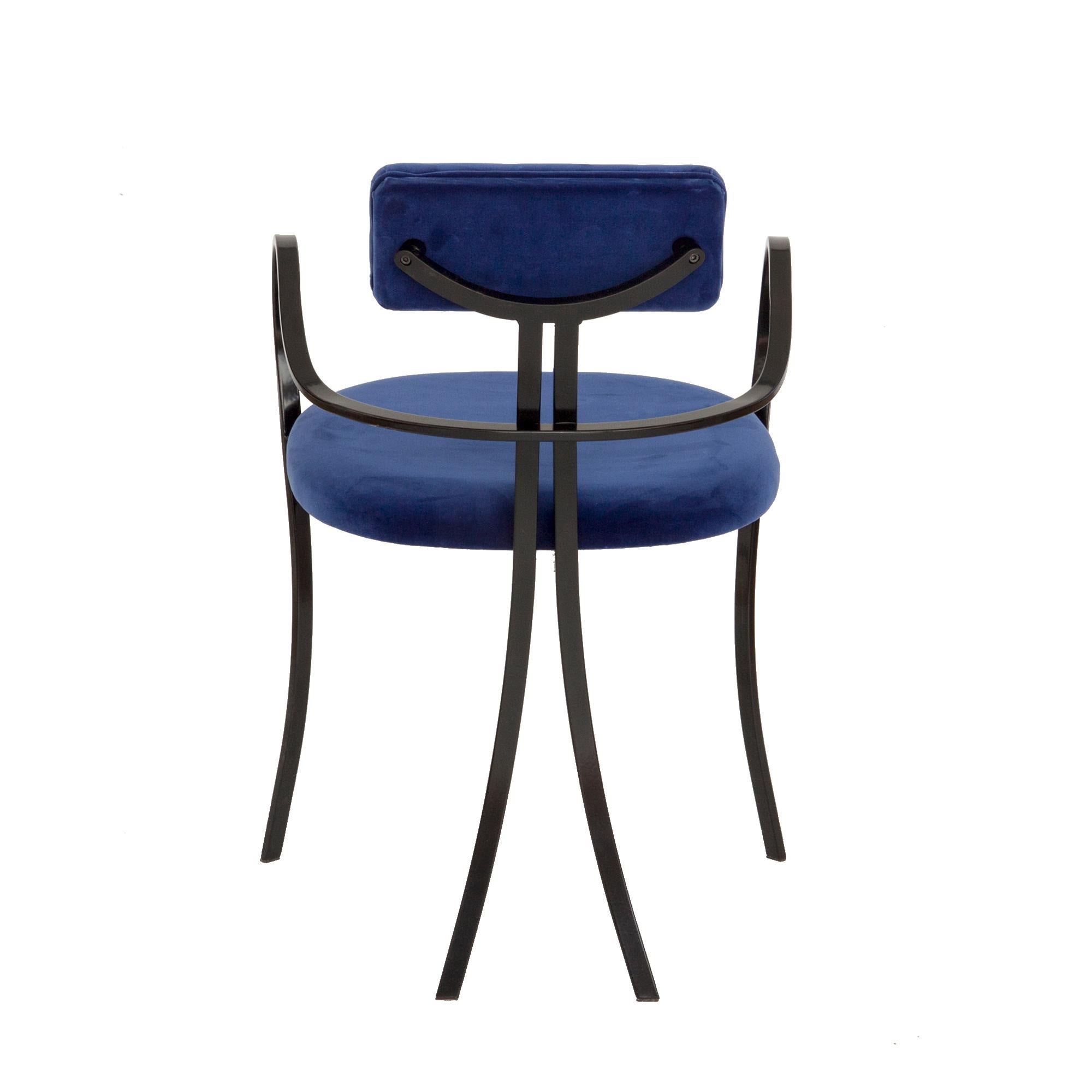 Mid-Century Modern Contemporary Violet Chair with Velvet Seat and Seatback in Blue Color For Sale