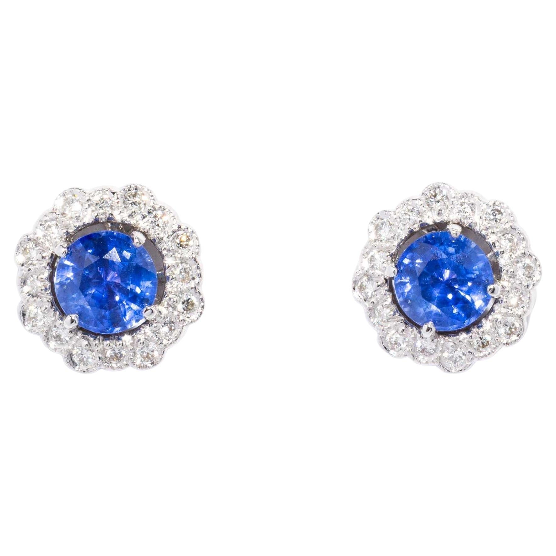 Boucles d'oreilles contemporaines en or blanc 18 carats, saphir bleu vif et diamant