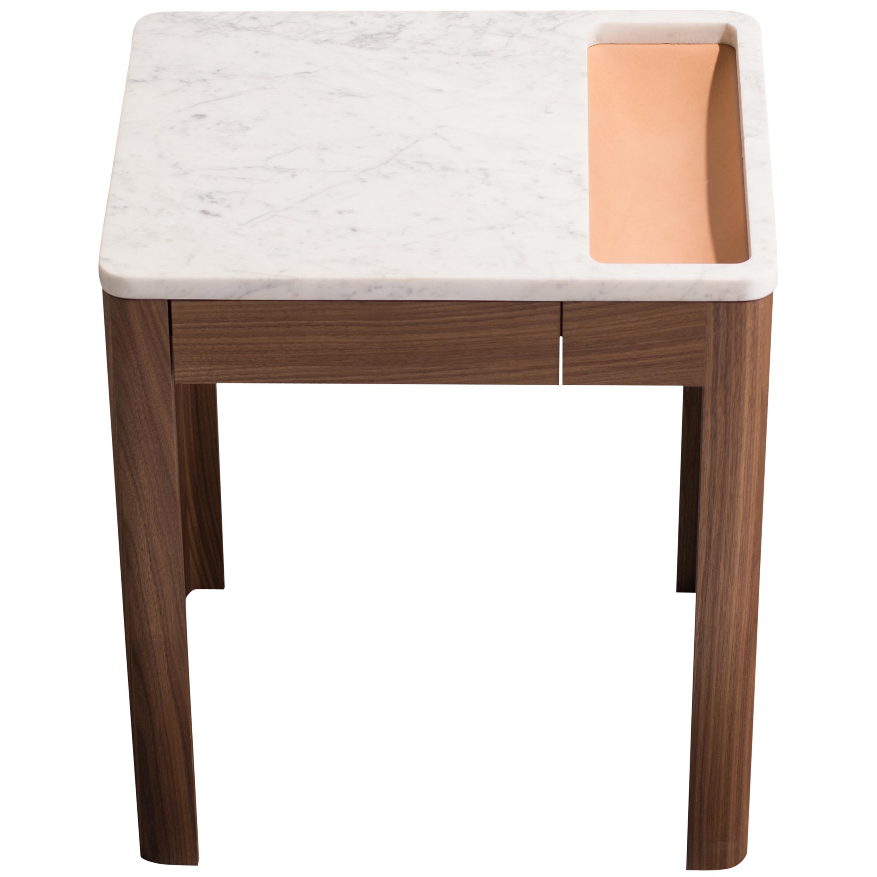 Contemporary Void Side Table in White Oak, Carrara Marble, and Leather by Harold im Angebot