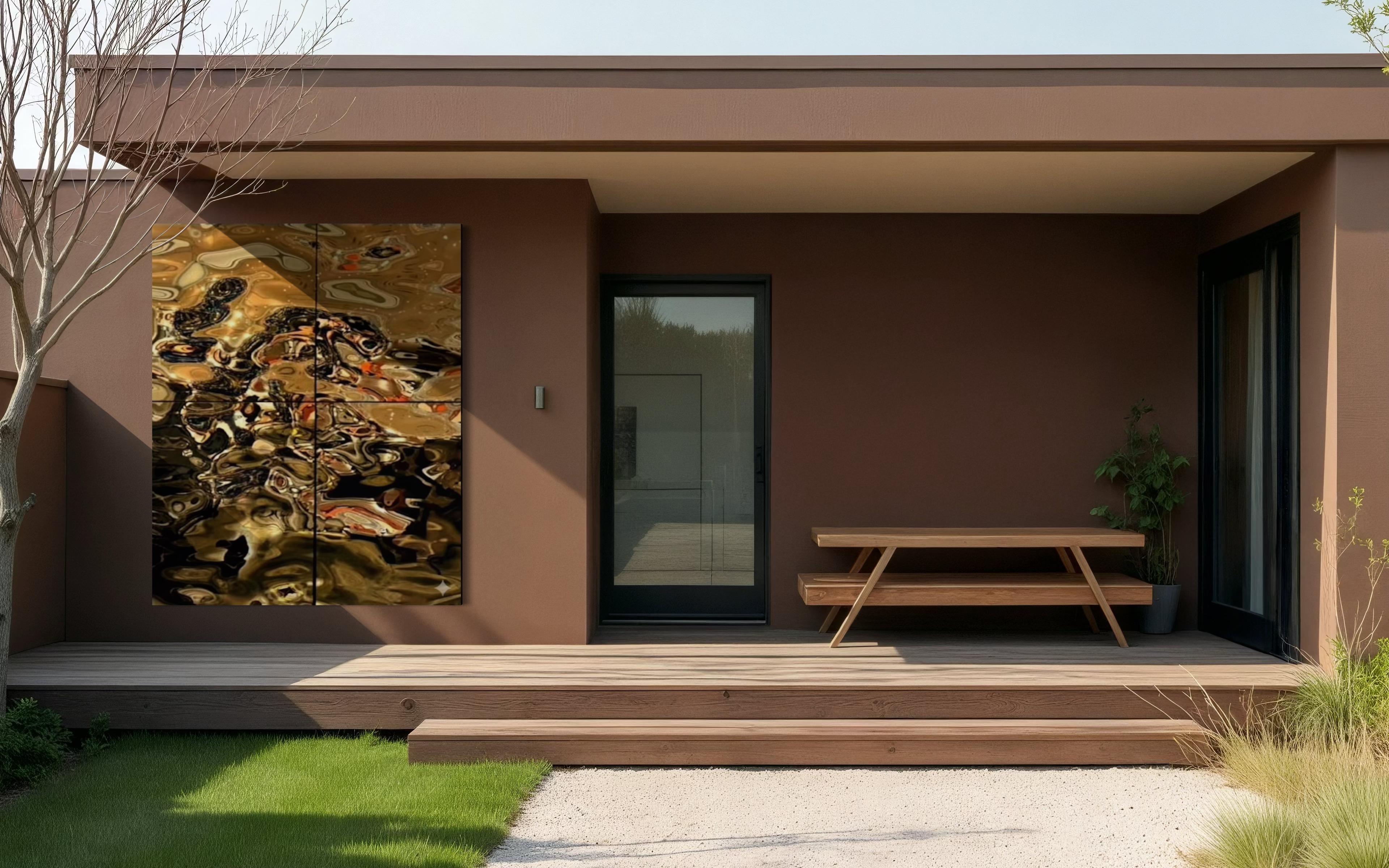 Zeitgenössisch  Wanddekoration Aqua High Wave Gold Zusammenstellung von 4 Paneelen (Moderne) im Angebot