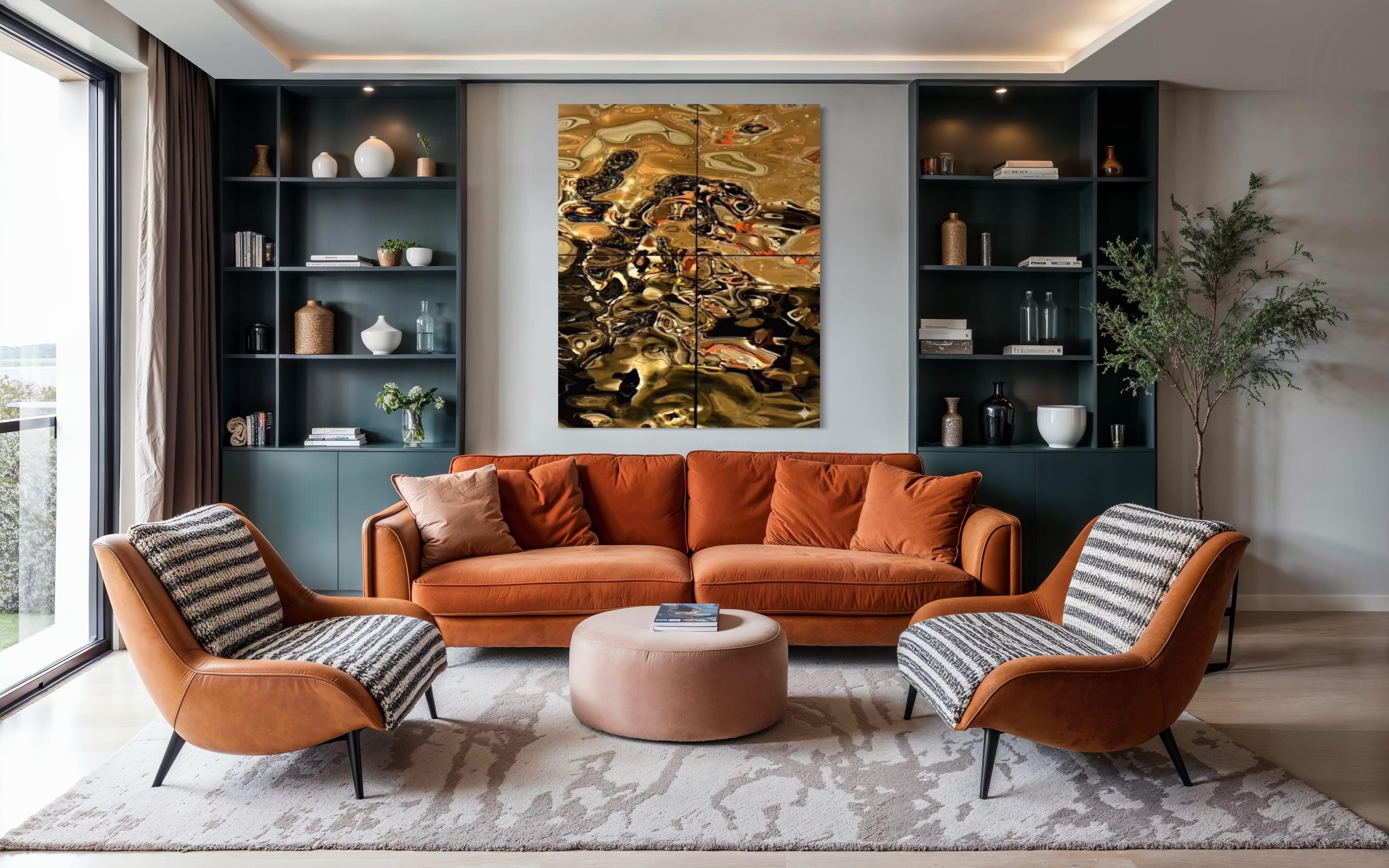 Zeitgenössisch  Wanddekoration Aqua High Wave Gold Zusammenstellung von 4 Paneelen (Handgefertigt) im Angebot