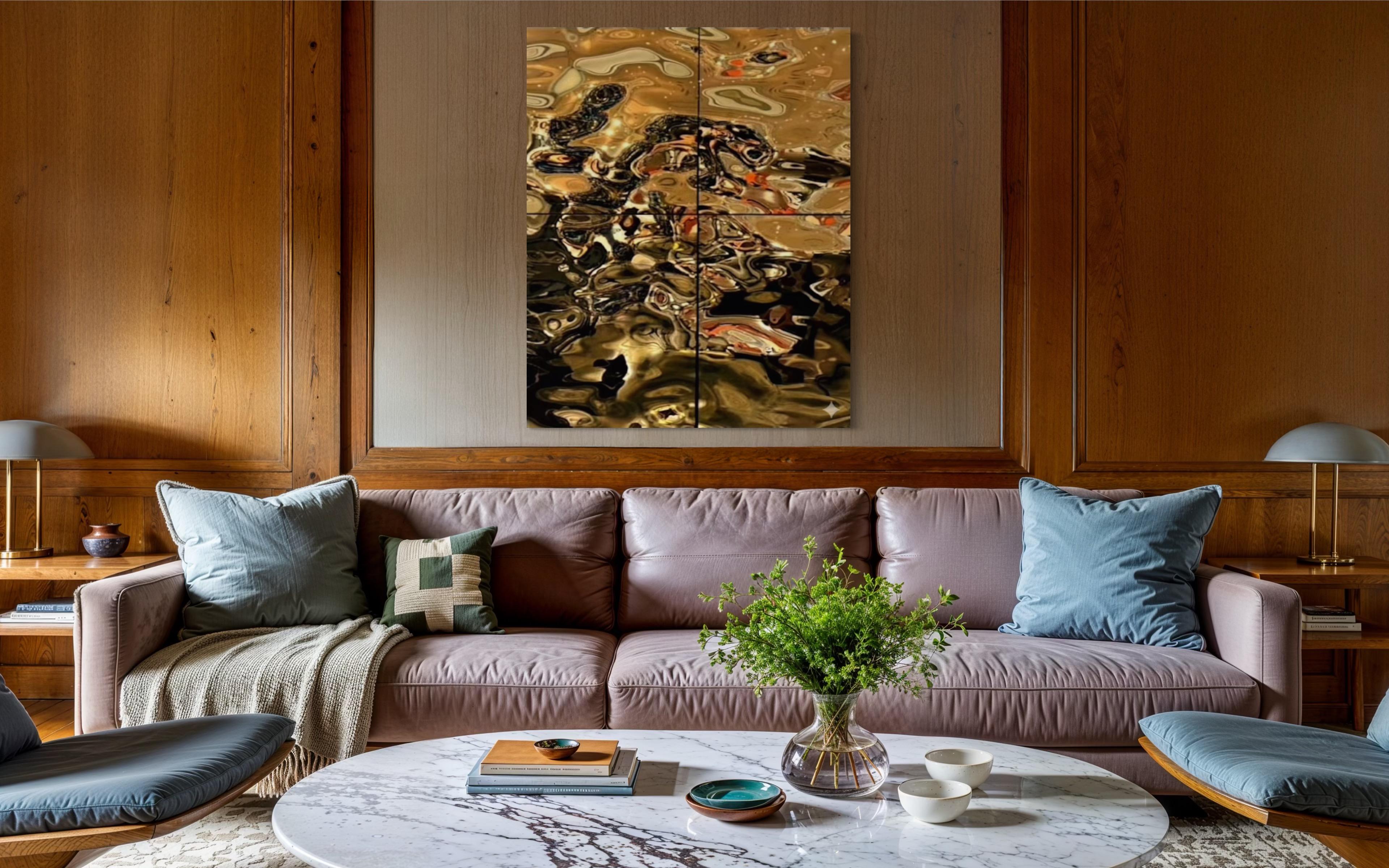 Zeitgenössisch  Wanddekoration Aqua High Wave Gold Zusammenstellung von 4 Paneelen (Glas) im Angebot