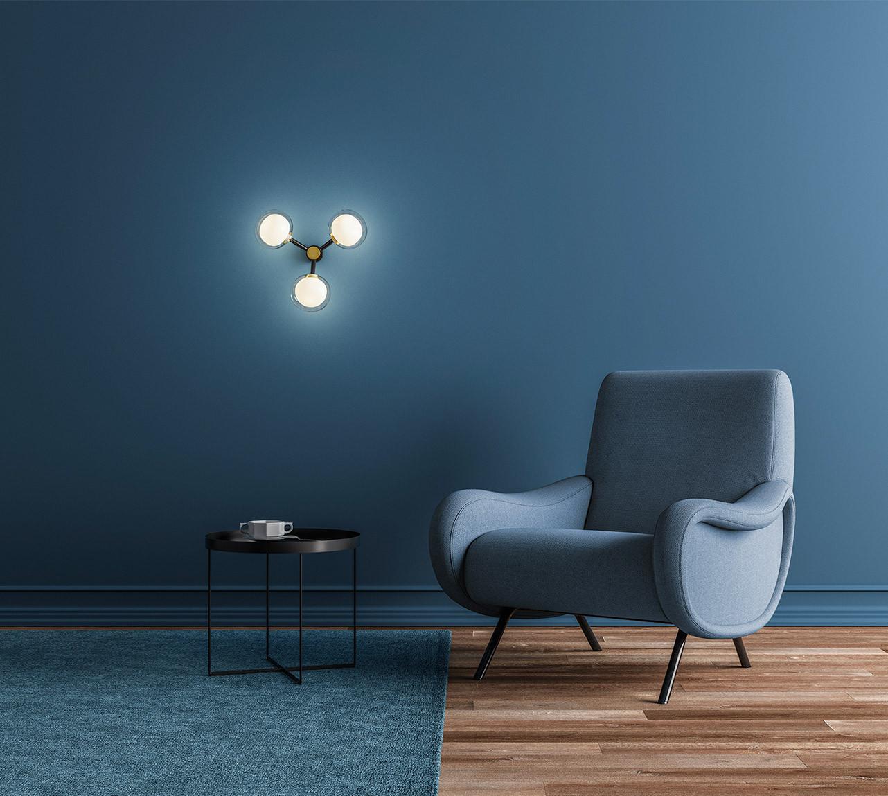 Wall Lamp Nabila 552.73 by Corrado Dotti x TOOY
3 lights
UL Listed 

Model shown:
Finish: Brass brushed
Color: Clear glass

Bulb compliance : 3 x G9 220/240V 3W Compliant with USA electric system

50s inspired collection of elegant and sophisticated