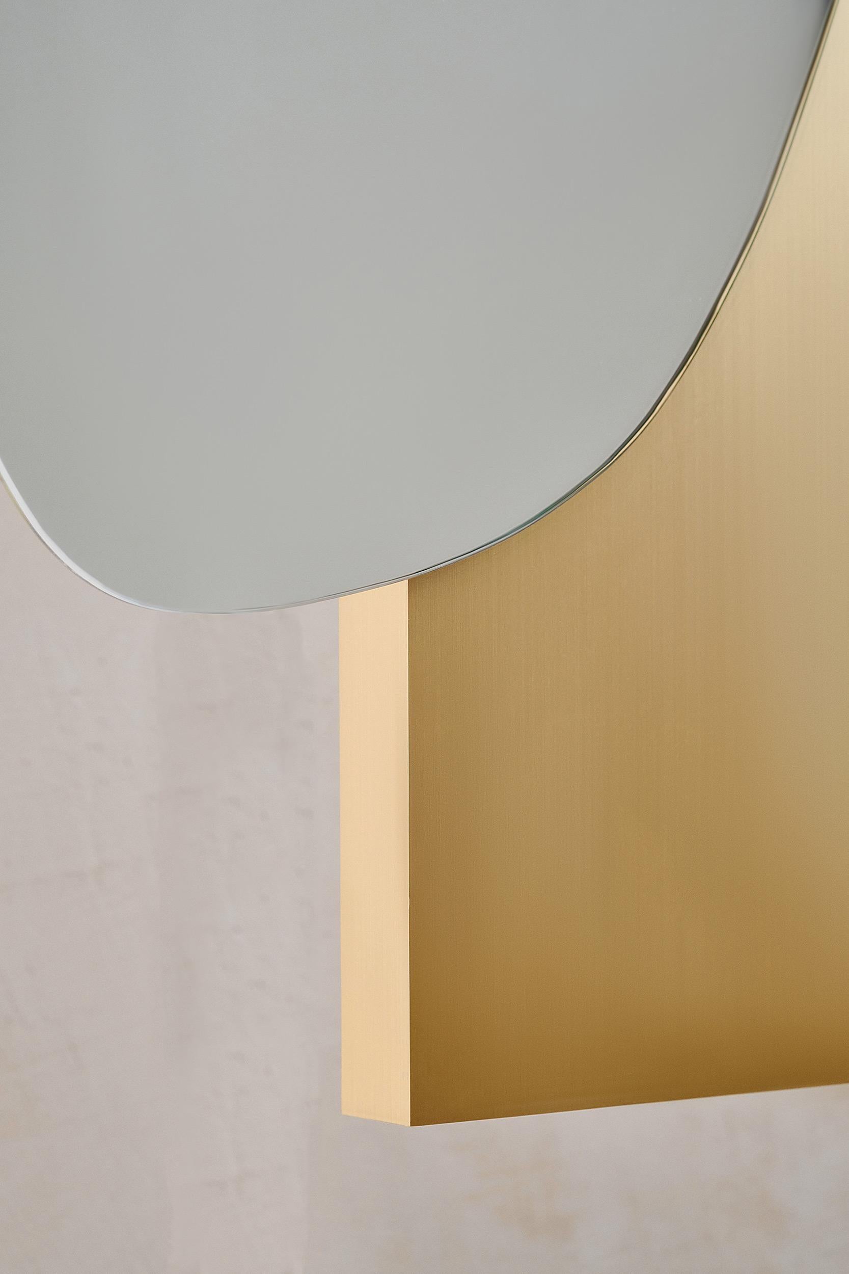 Brass Contemporary Wall Mirror 'Lake 2' by Noom, Madrone Veneered Wood Base For Sale