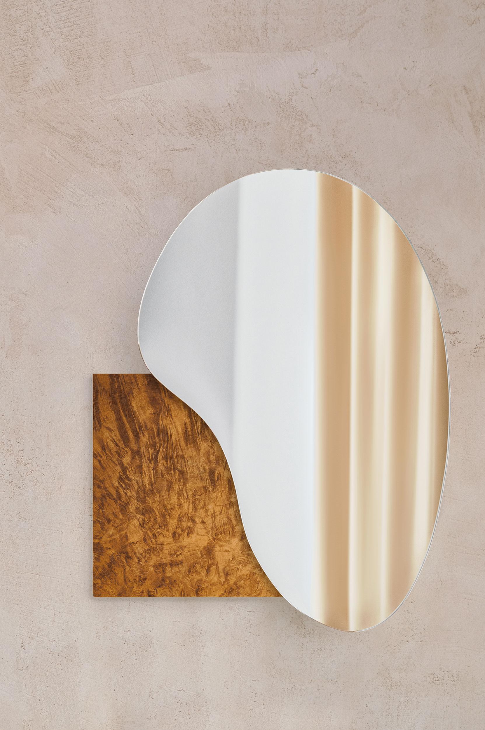 Lake 4 Madrone Mirror
Brand: NOOM
Designers: Maryna Dague & Nathan Baraness

Type of Mirrors: Optiwhite, Black tint mirror, Copper tint mirror
Materials for base: Veneered wood, Madrona wood veneer, Burned steel, Stainless steel / Hand brushed