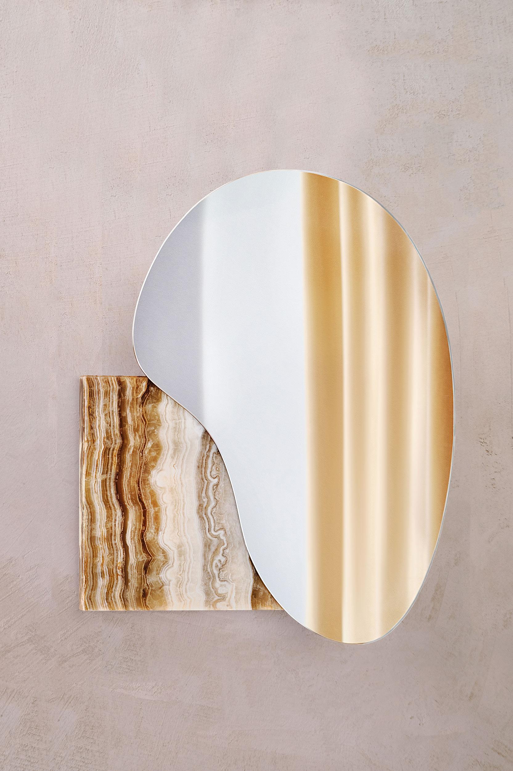 Brass Contemporary Wall Mirror Lake 4 by Noom, Veneered Wood Base For Sale