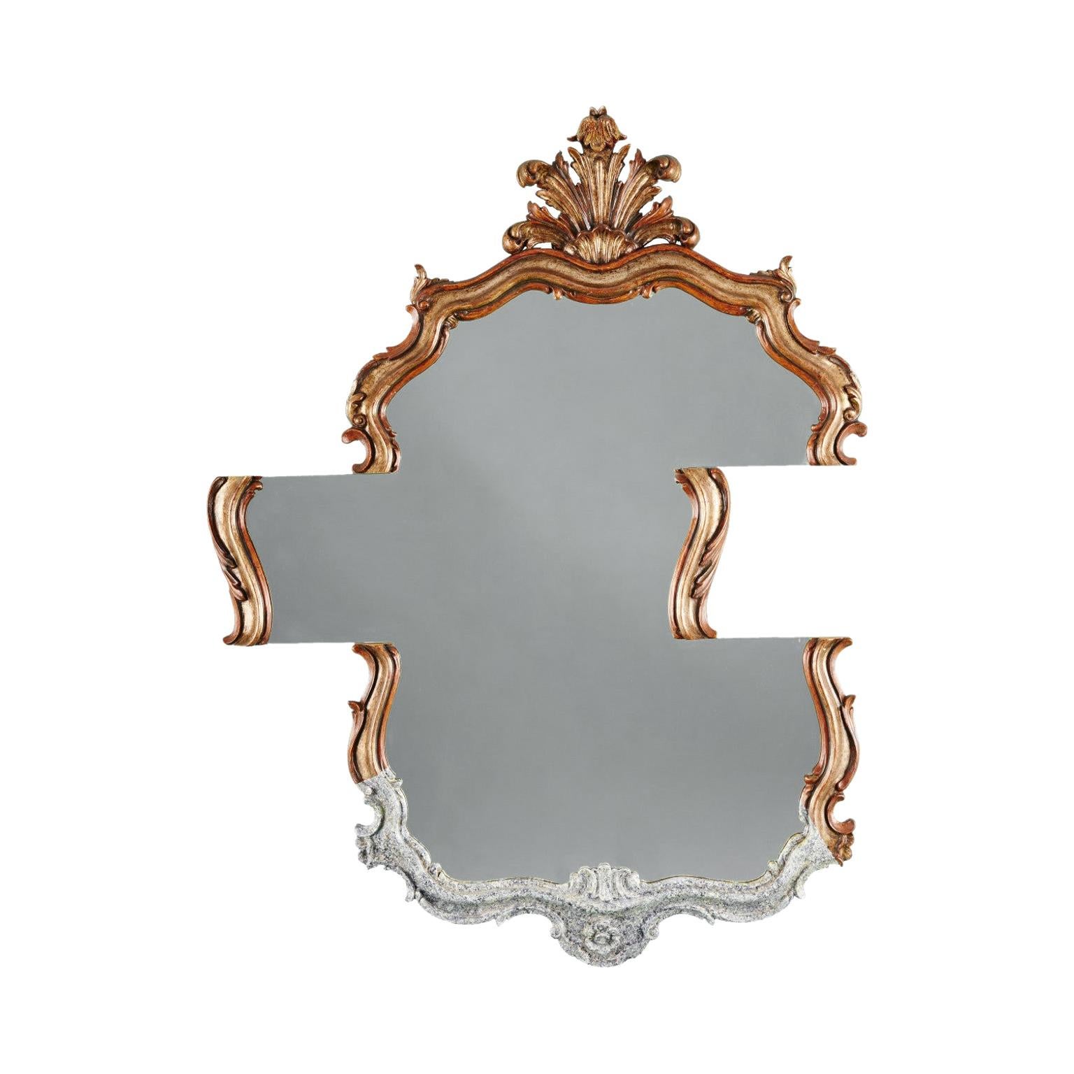 Contemporary Wall Mirror with Slid Antique Giltwood and Faux Marble Frame For Sale