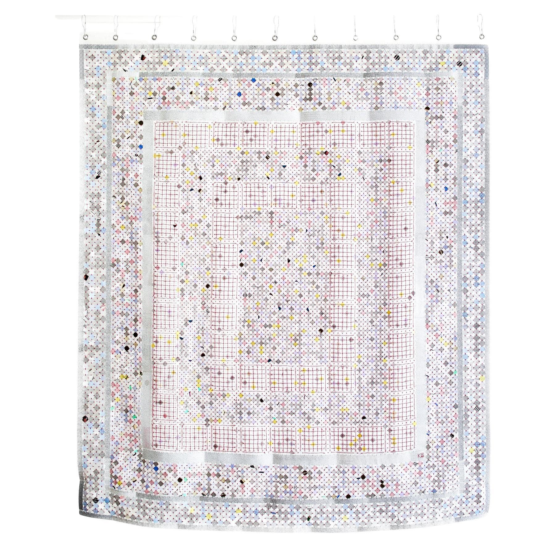 Contemporary Wall Tapestry with Hand-Sewn Repurposed Materials and Muted Tones