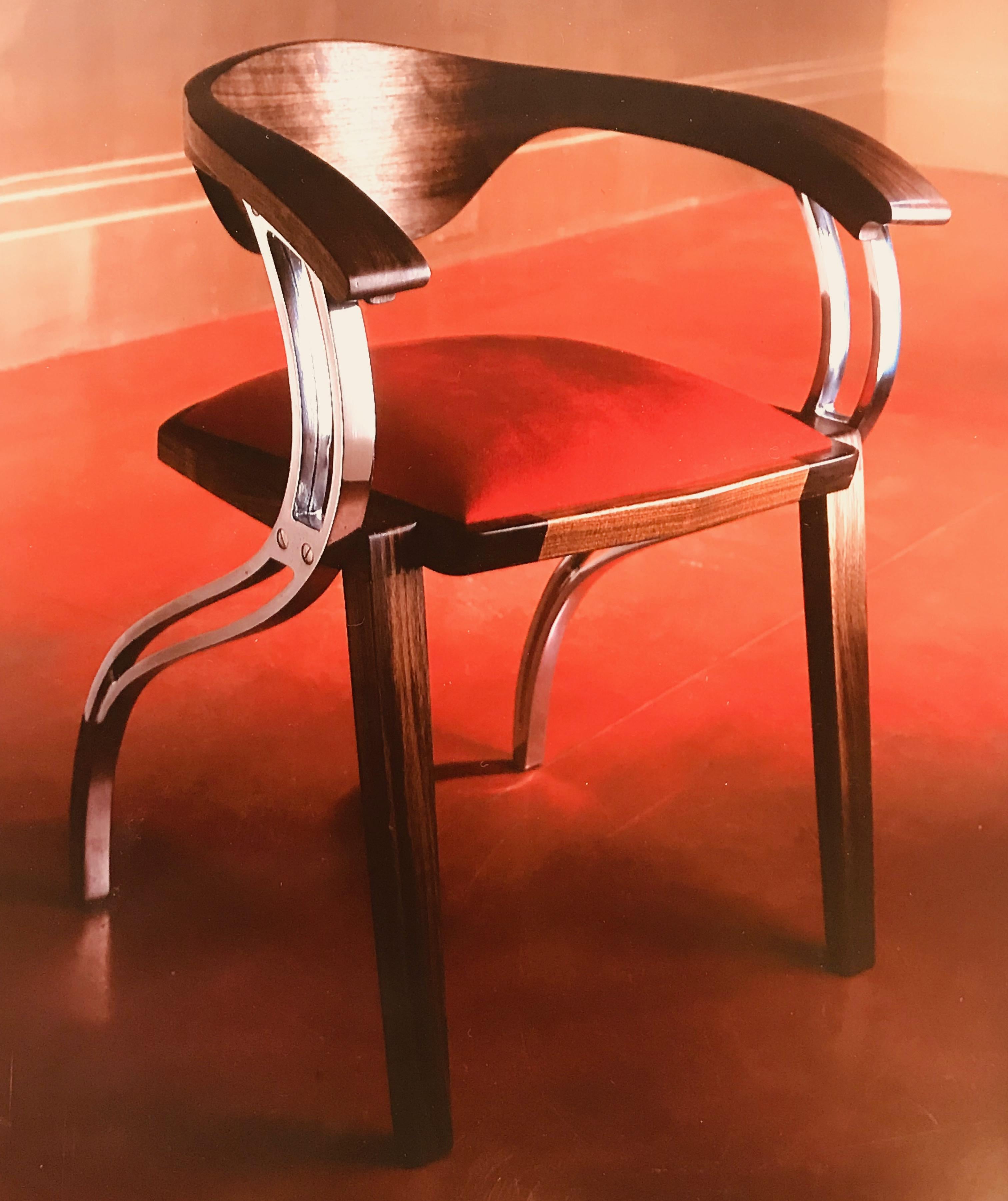 Contemporary Walnut and Aluminium Dining Chair Upholstered In Red Alcantara For Sale