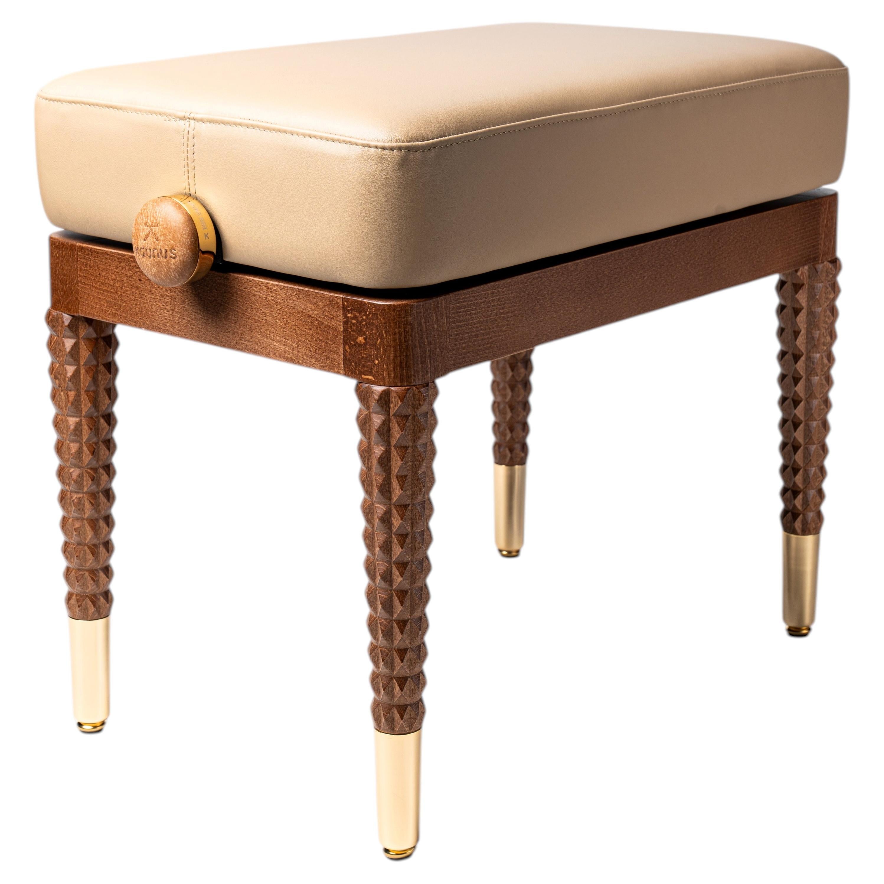 Banc de piano contemporain en noyer et cuir, sculpté à la main, hauteur réglable