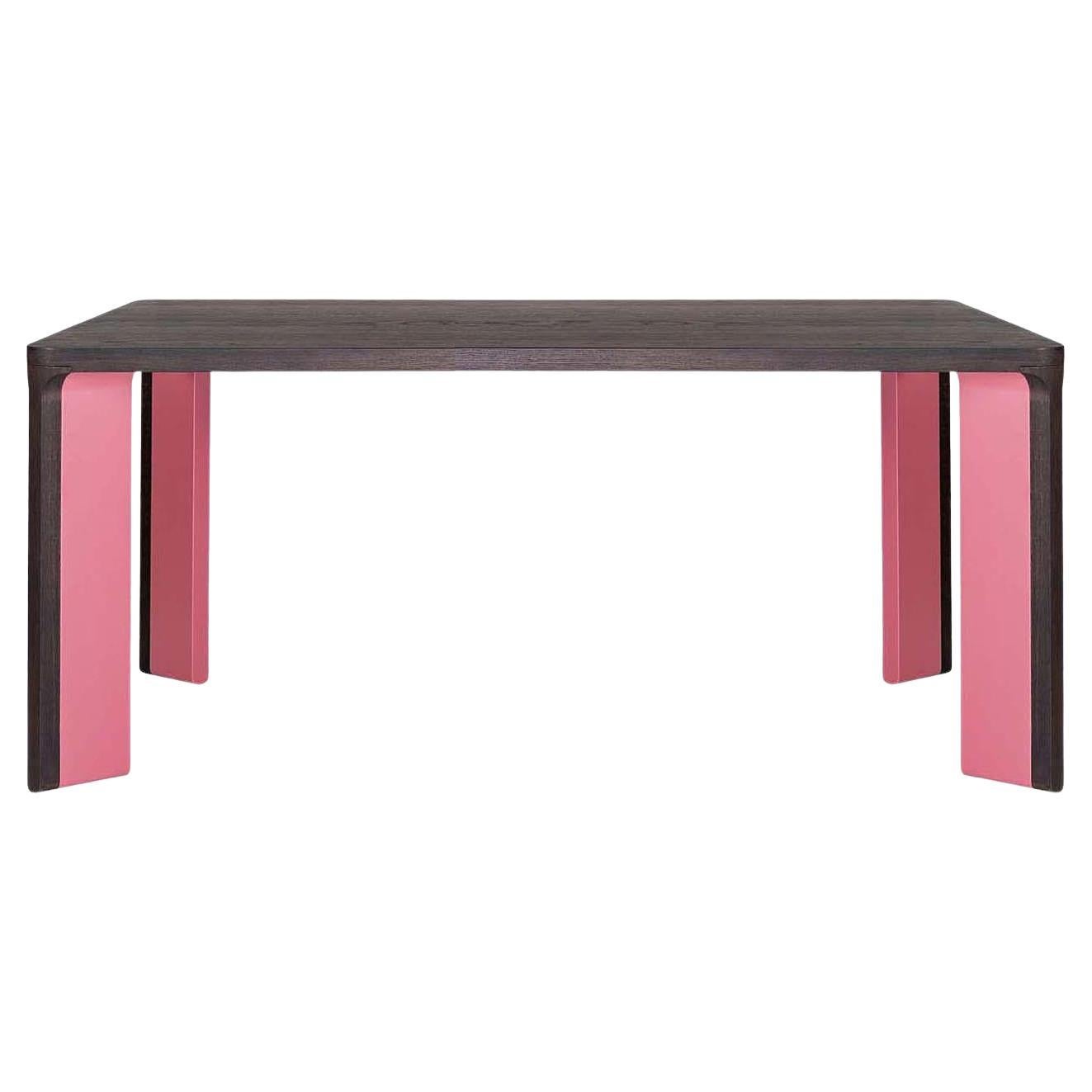 Table de salle à manger contemporaine en noyer, pieds laqués rose