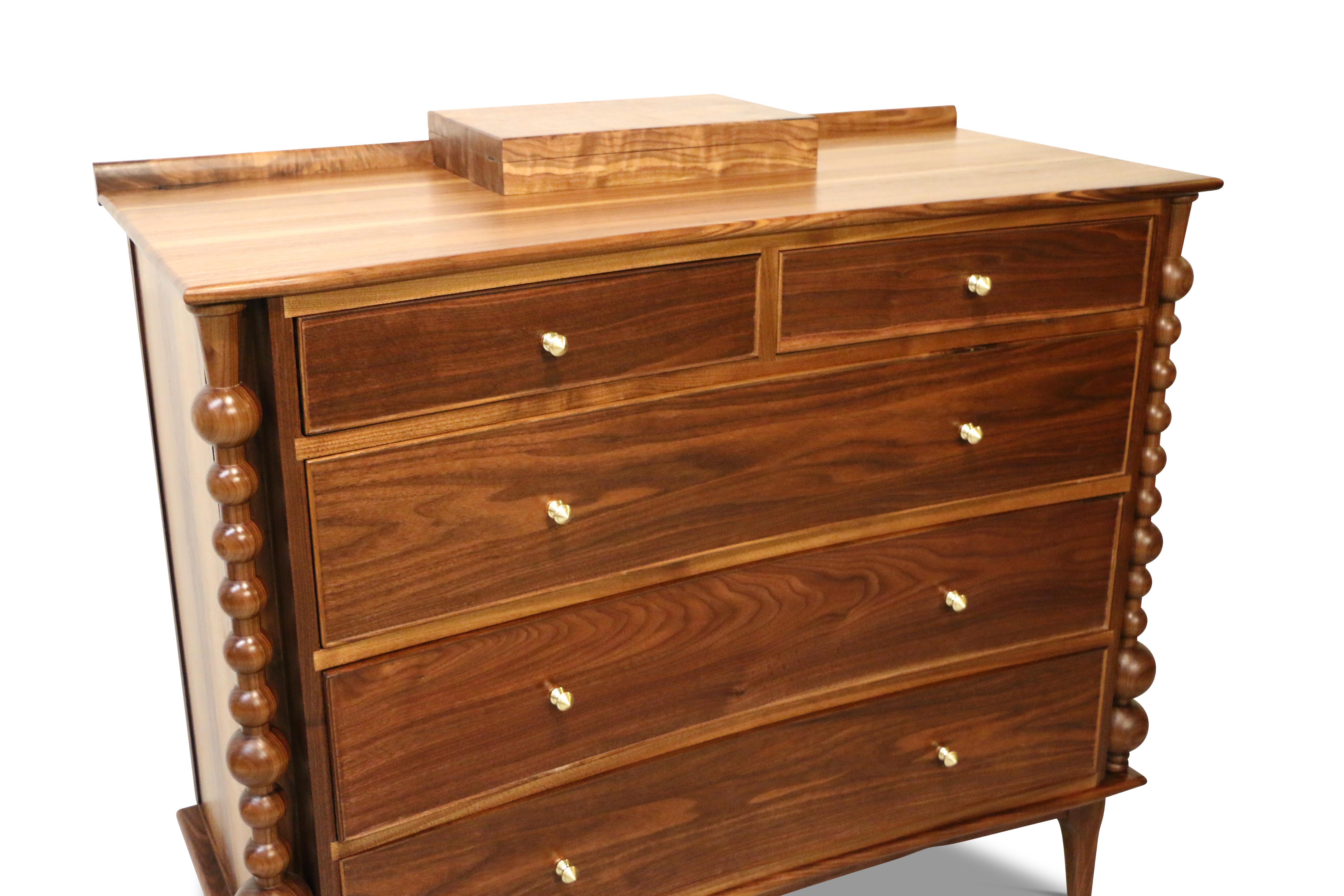 American Contemporary Walnut Dresser With Sculpted Left Leg & Brass Hardware For Sale