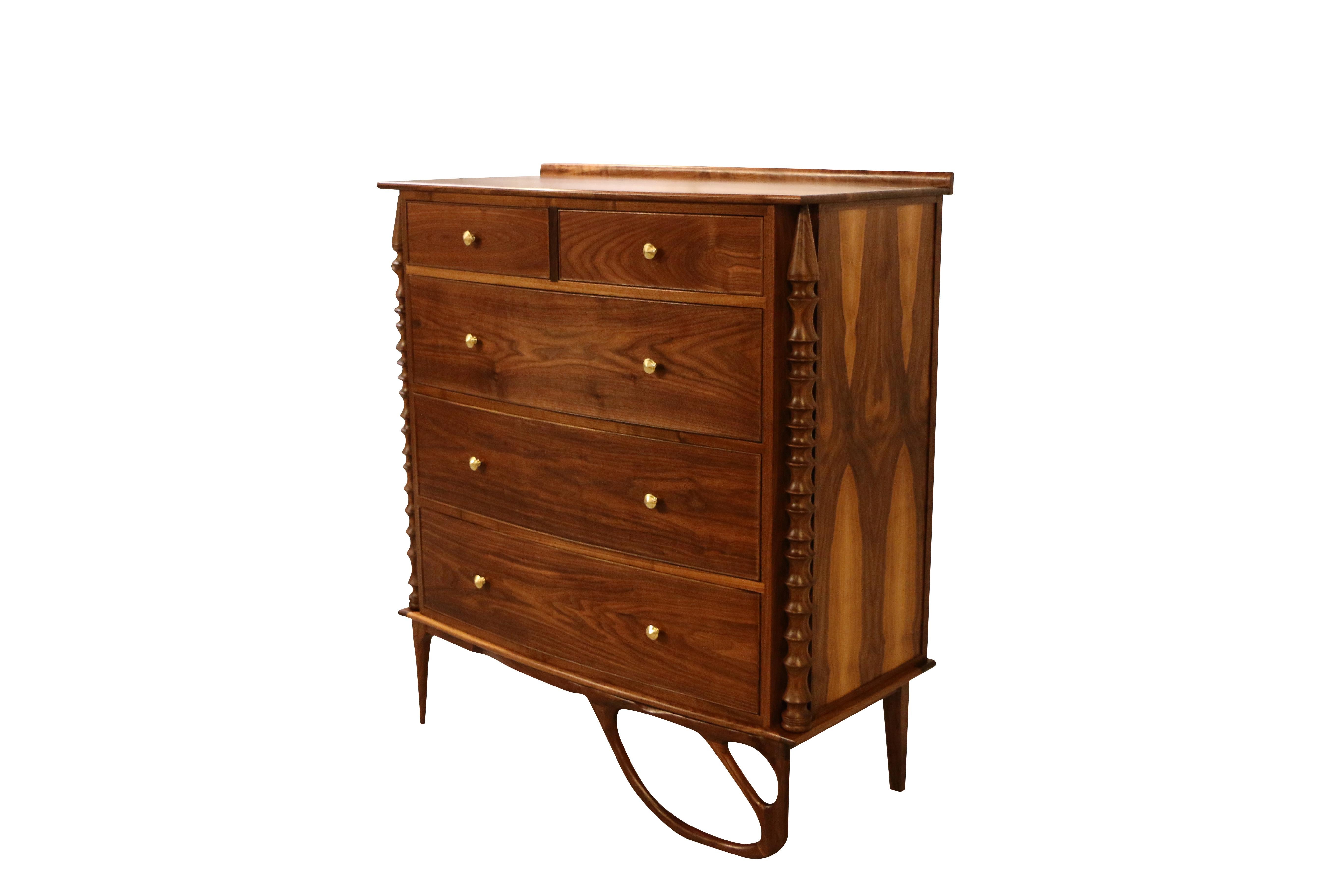Woodwork Contemporary Walnut Dresser With Sculpted Right Leg & Brass Hardware For Sale