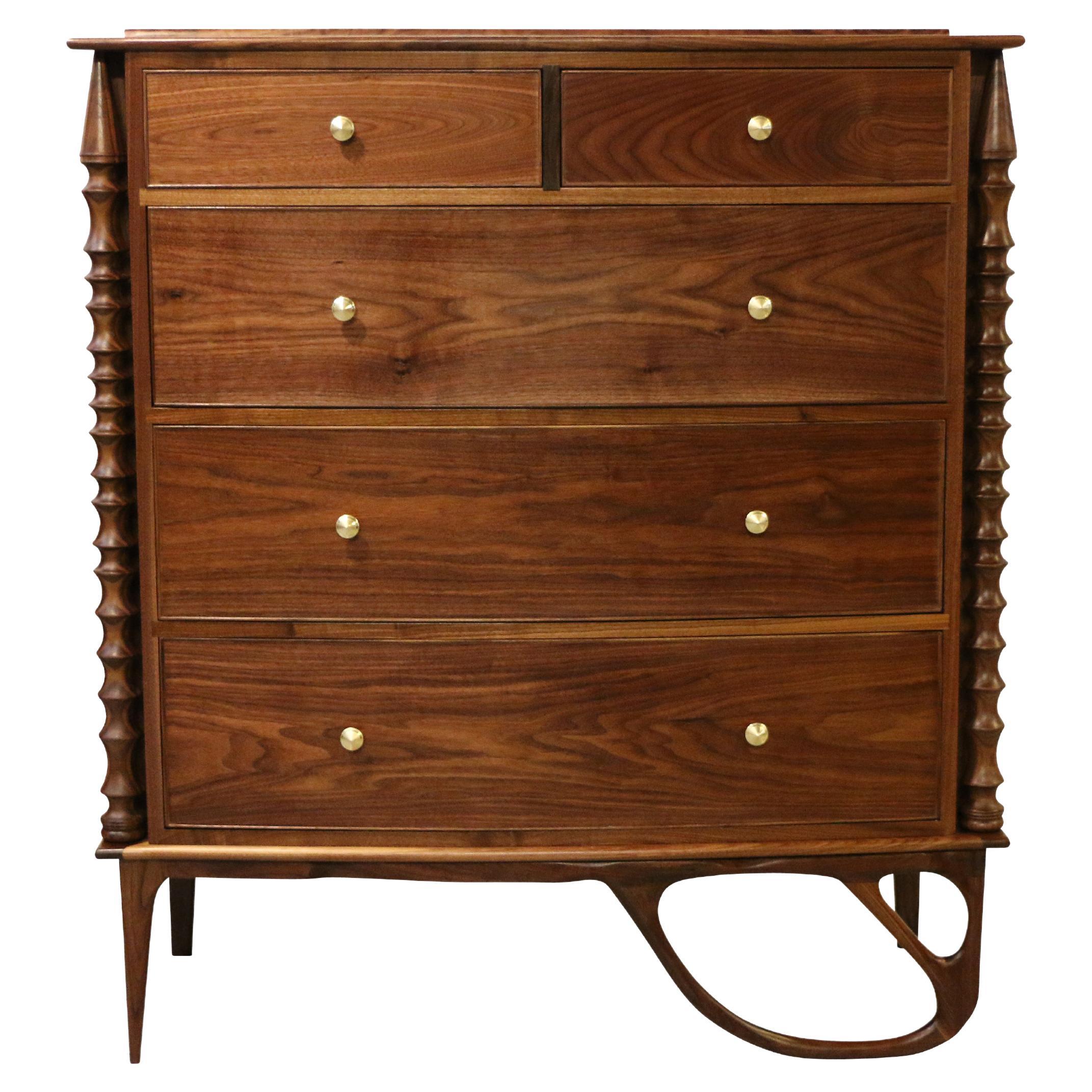 Contemporary Walnut Dresser With Sculpted Right Leg & Brass Hardware For Sale