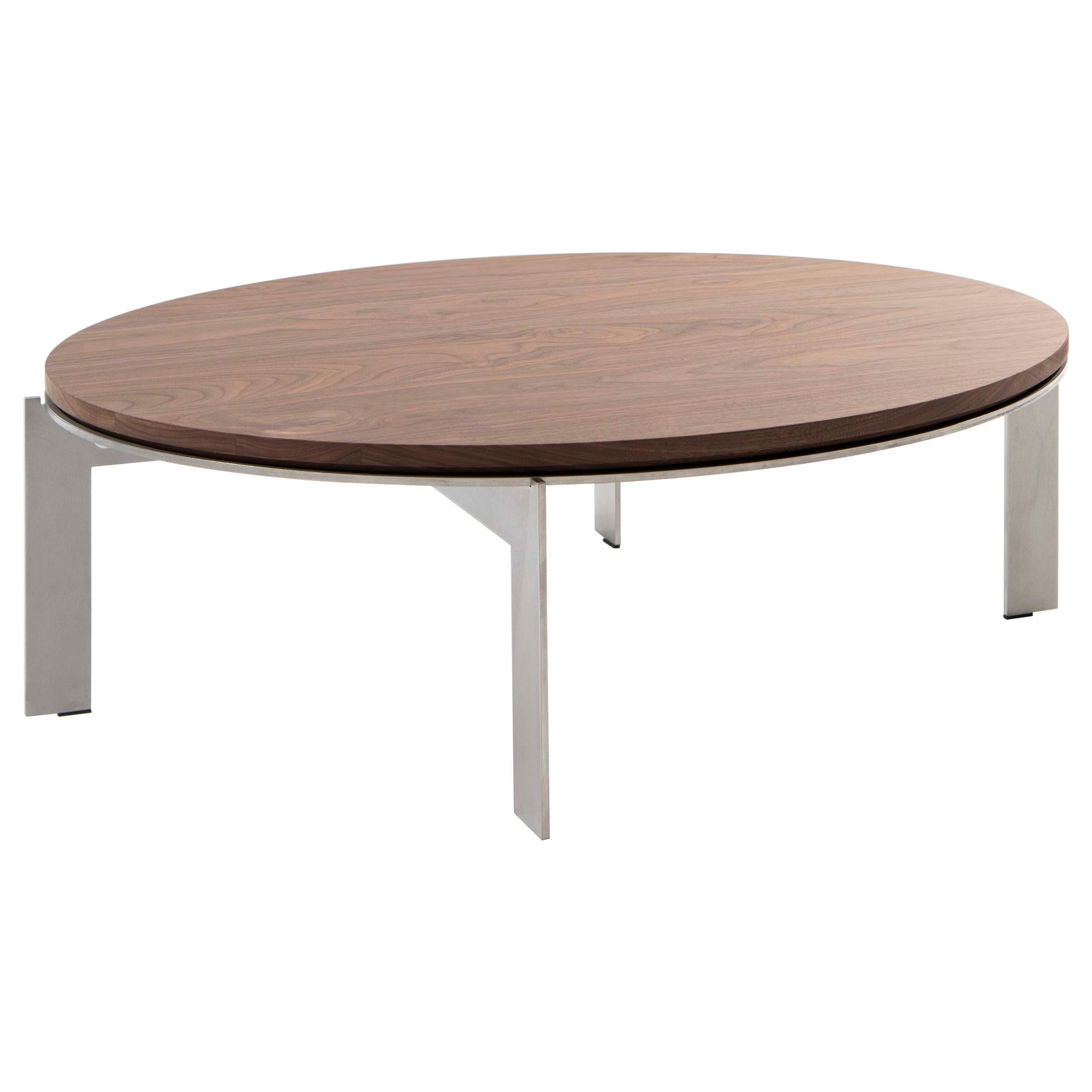 Modern contemporary oval ellipse side table, steel and walnut wood, Belgium