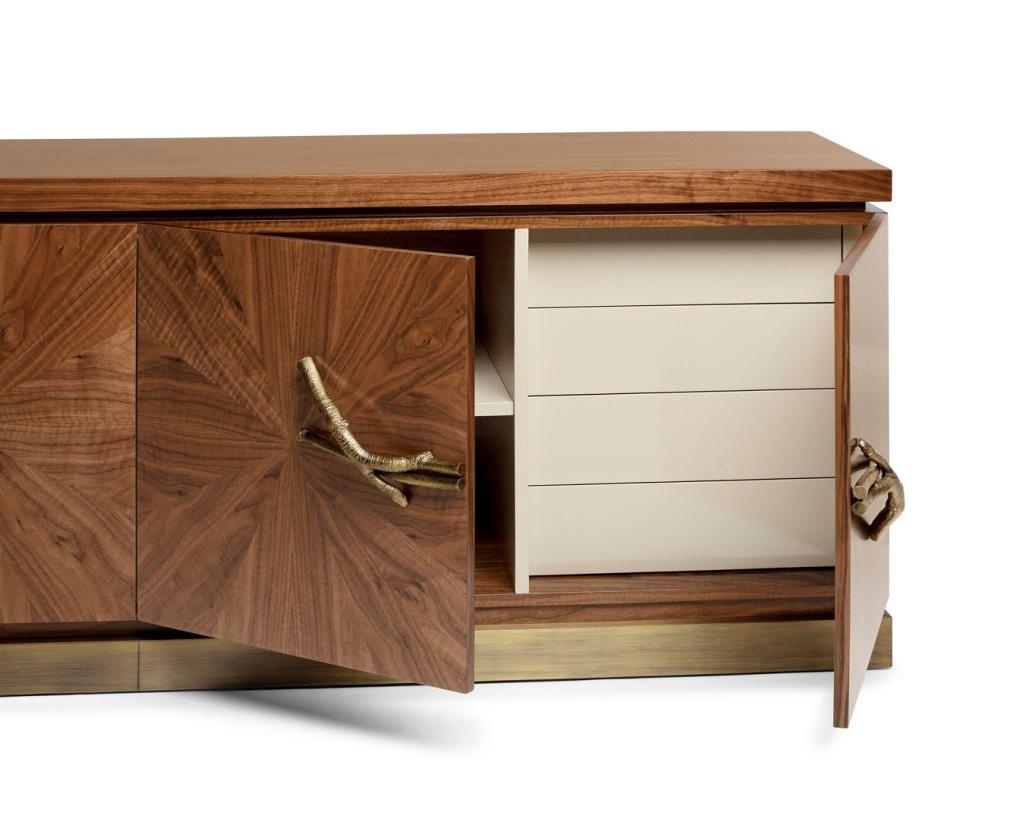 Modern Contemporary Walnut Sideboard with Cast Brass Handles For Sale
