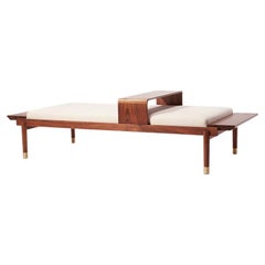 Contemporary walnut tray top bench with textile