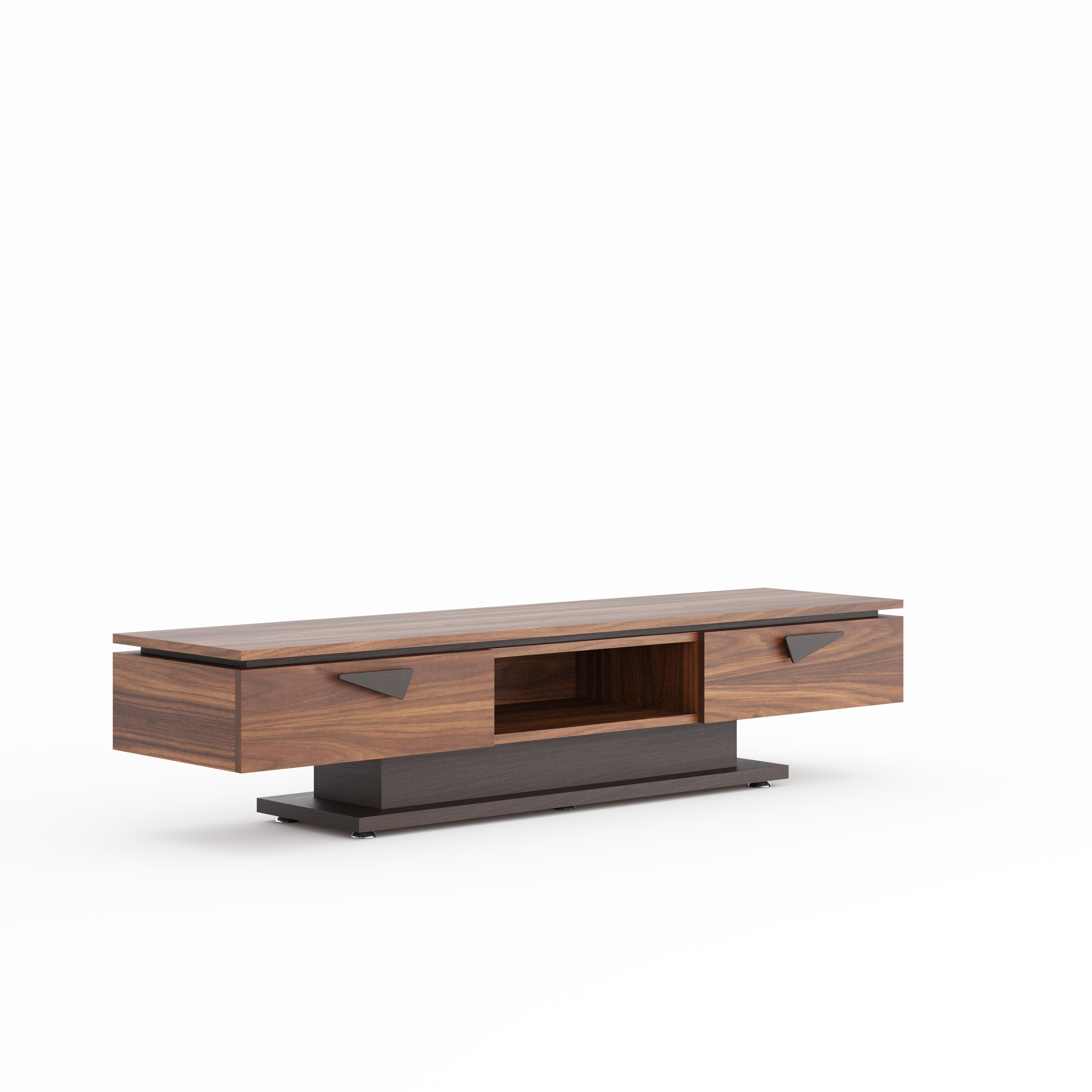 Bring elegance and modern design into your living room with this premium walnut and wenge TV stand, crafted with exceptional attention to detail.
This lowboard media console is part of the same exclusive line of contemporary furniture, crafted from