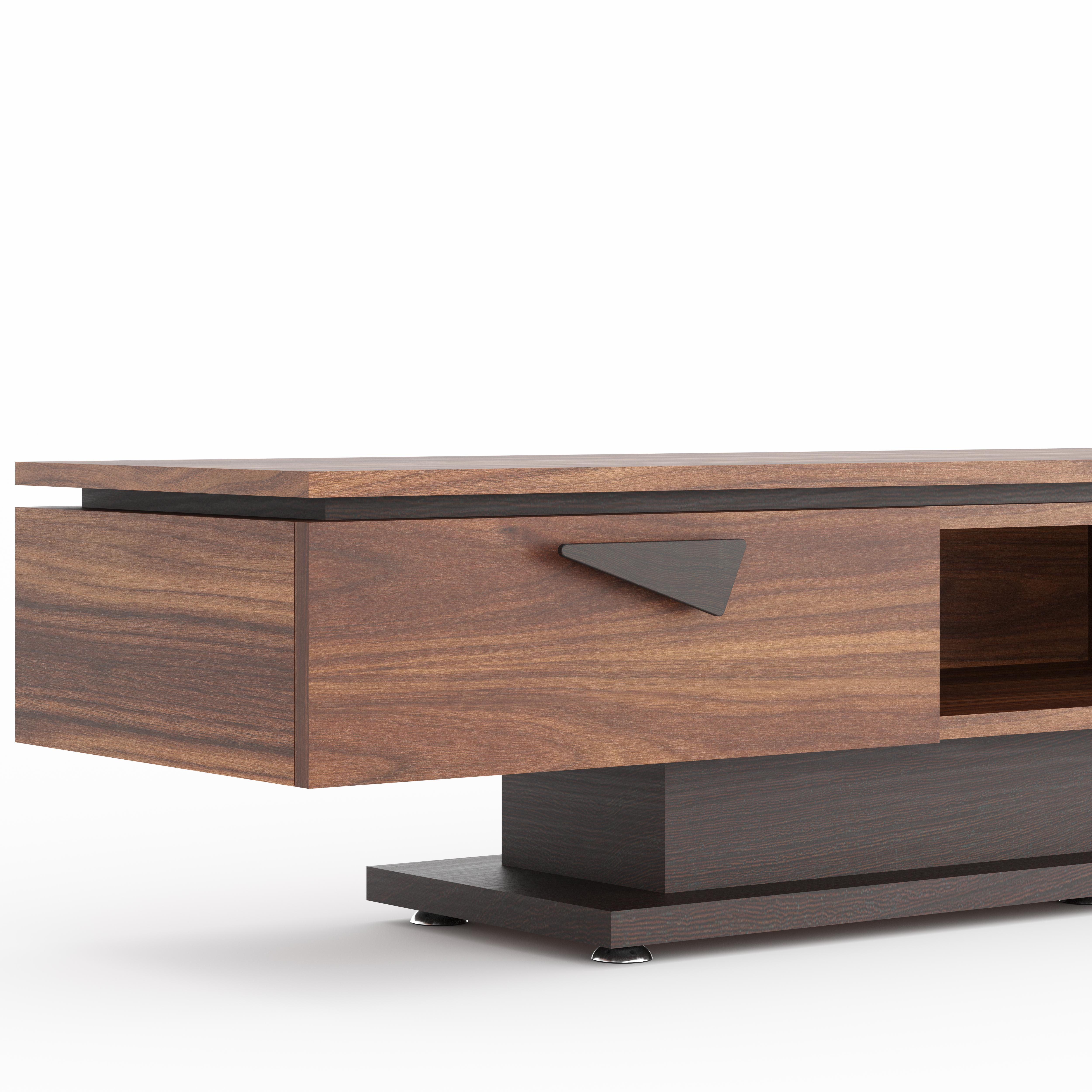 Mid-Century Modern Contemporary Walnut TV Stand – Handmade Modern Media Console with Two Drawers For Sale