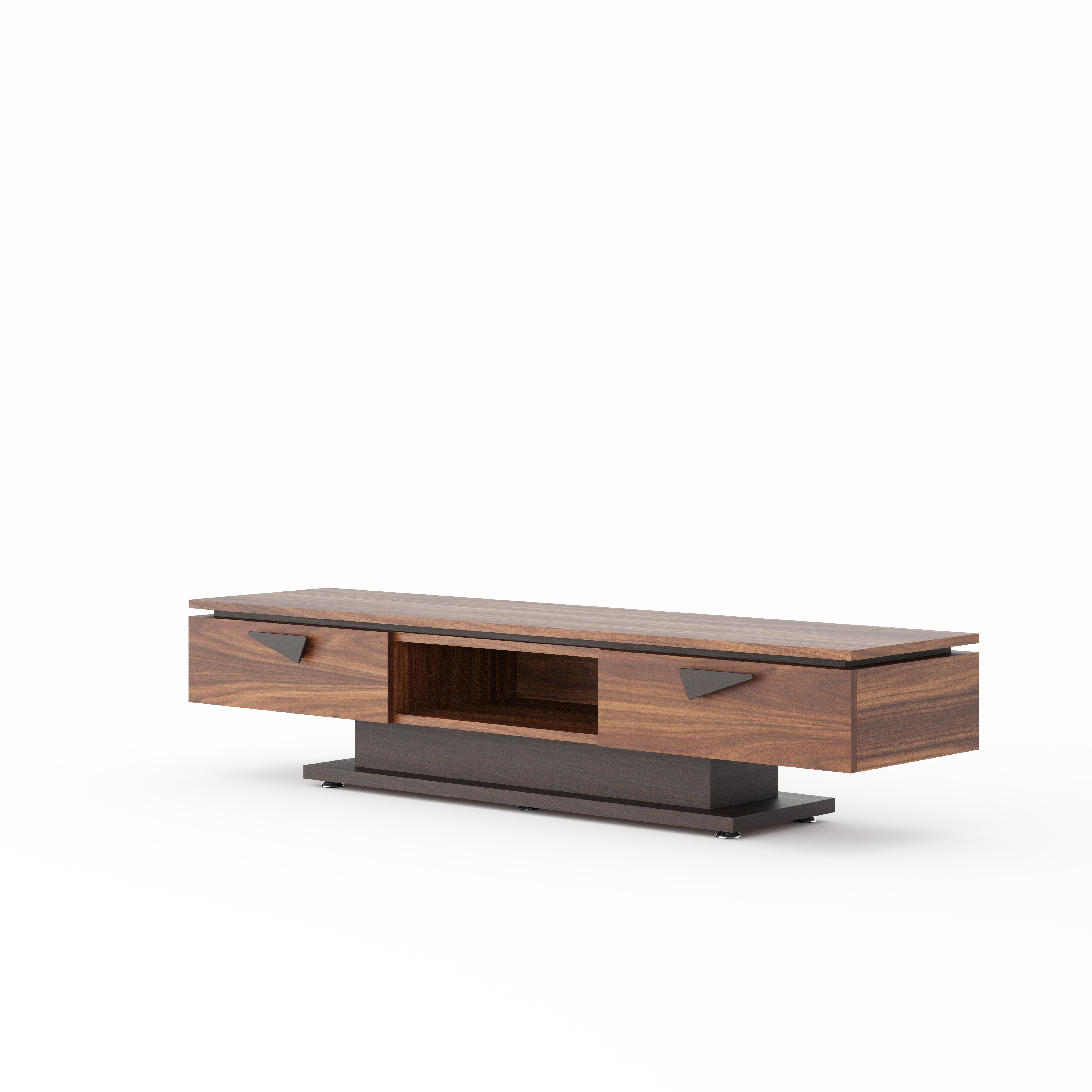 Polish Contemporary Walnut TV Stand ��– Handmade Modern Media Console with Two Drawers For Sale