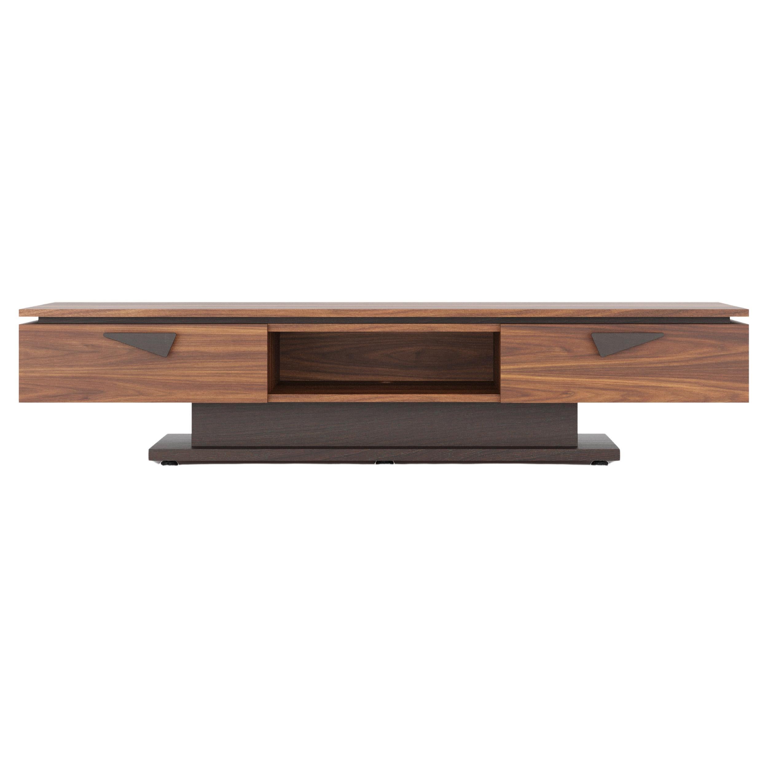 Contemporary Walnut TV Stand – Handmade Modern Media Console with Two Drawers For Sale