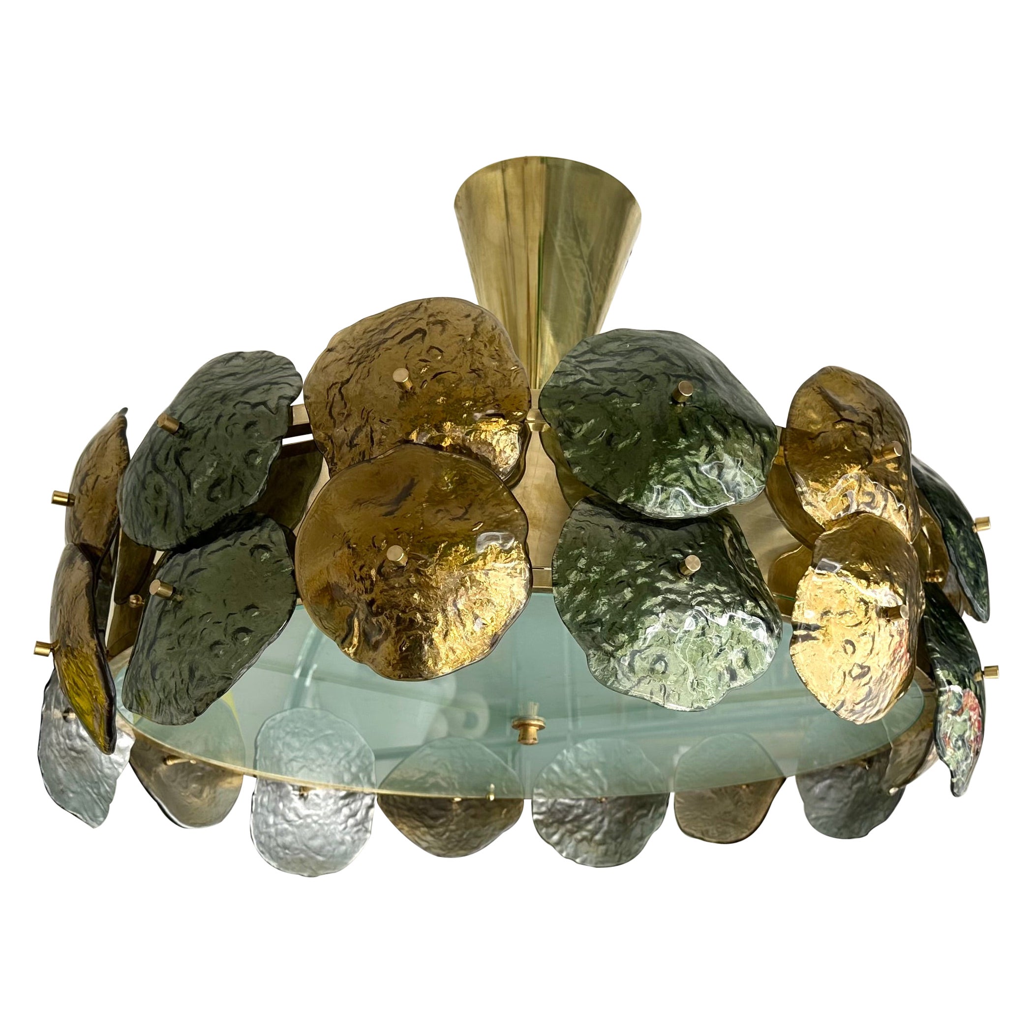 Araña Contemporánea de Nenúfar Latón y Cristal de Murano , Italia