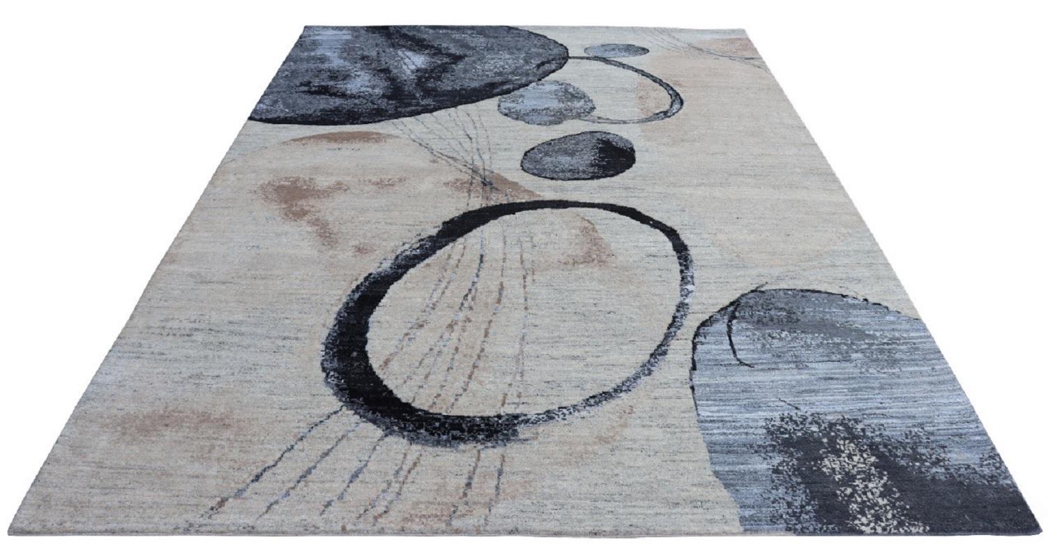 Zeitgenössischer handgeknüpfter Teppich aus Wolle mit Aquarellkreisen in Beige, Nude, Blau und Braun (Moderne) im Angebot