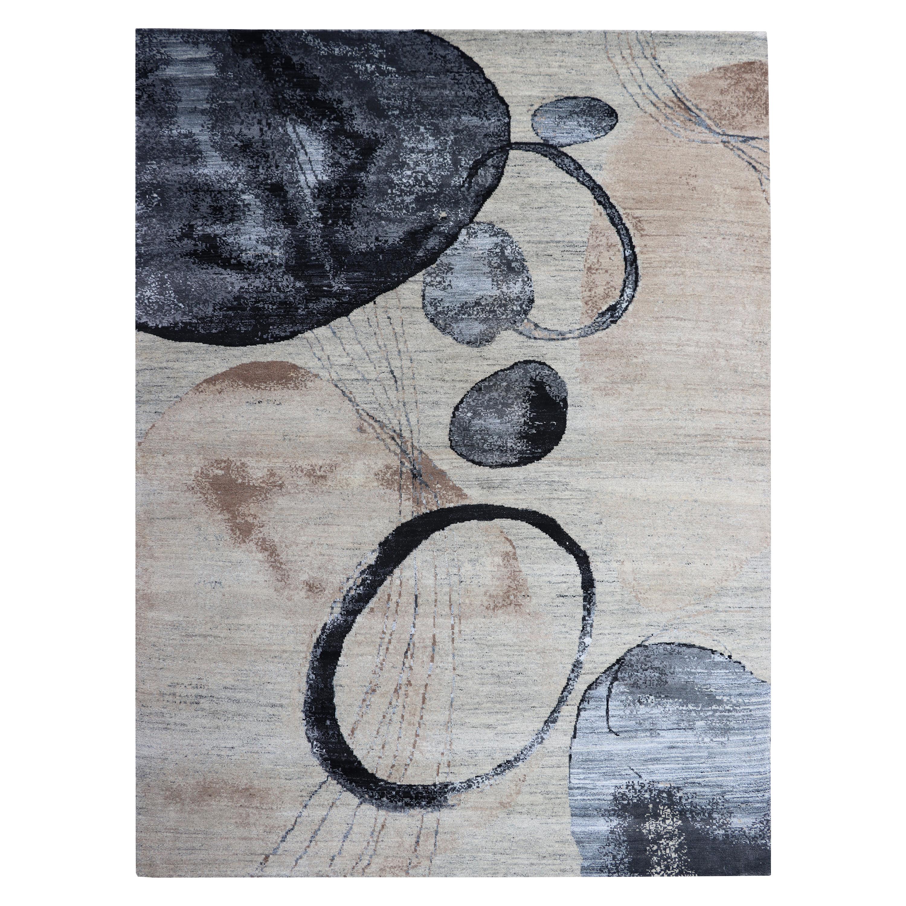 Contemporary Watercolor Circles Beige, Nude, Blue, Brown Wool Hand-Knotted Rug