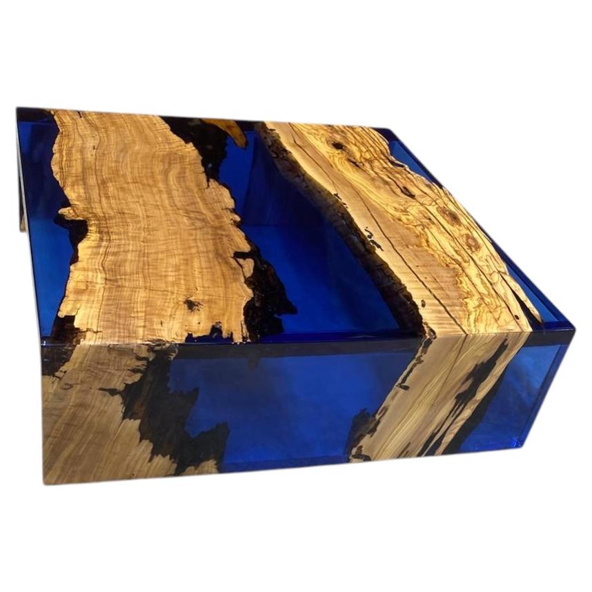 Contemporary Waterfall Blue Resin & Olive Wood Coffee Table For Sale