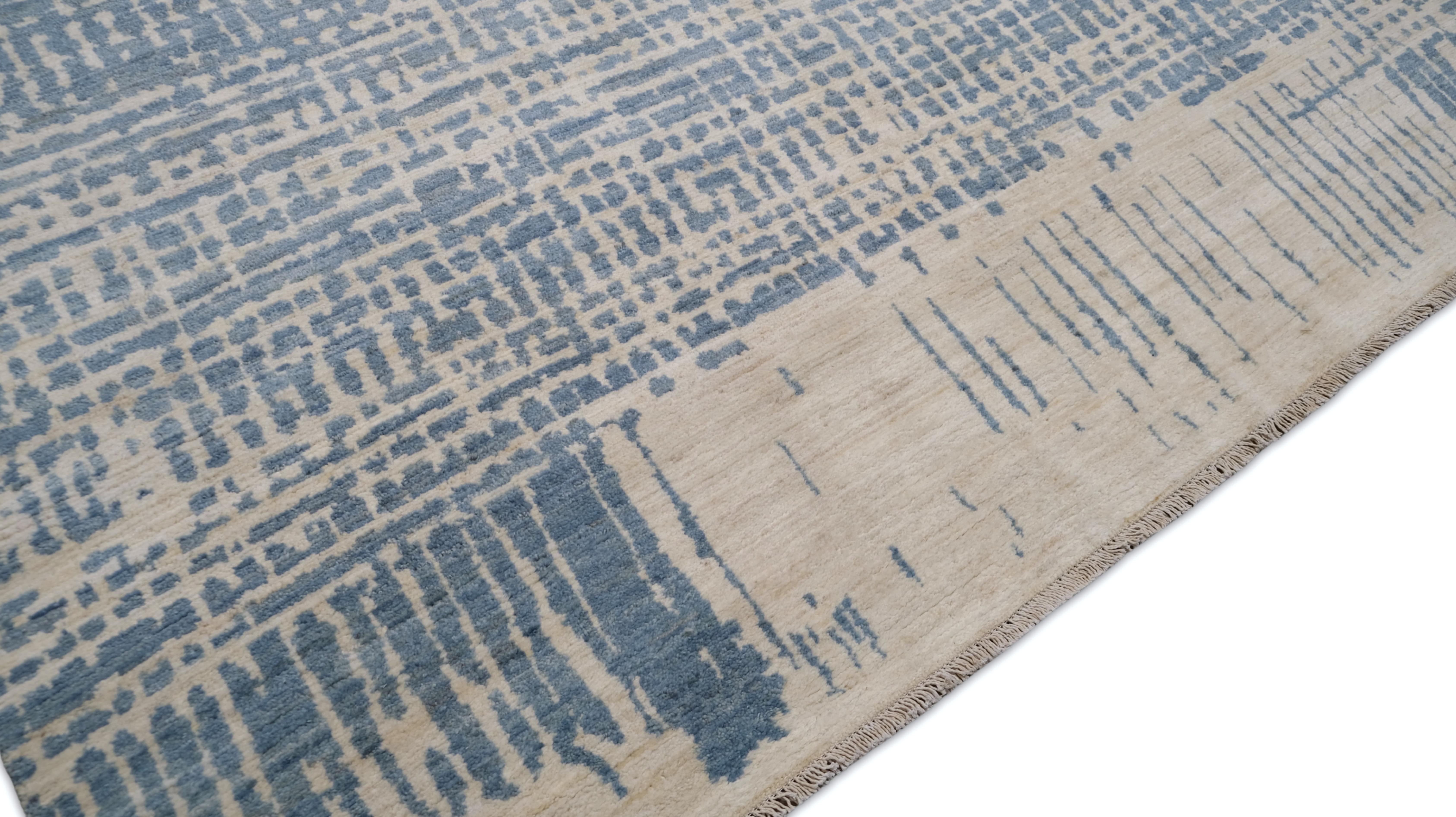 Pakistanais Tapis de laine bleu et ivoire Contemporary Waterworks 8'8''x12'' (en anglais) en vente