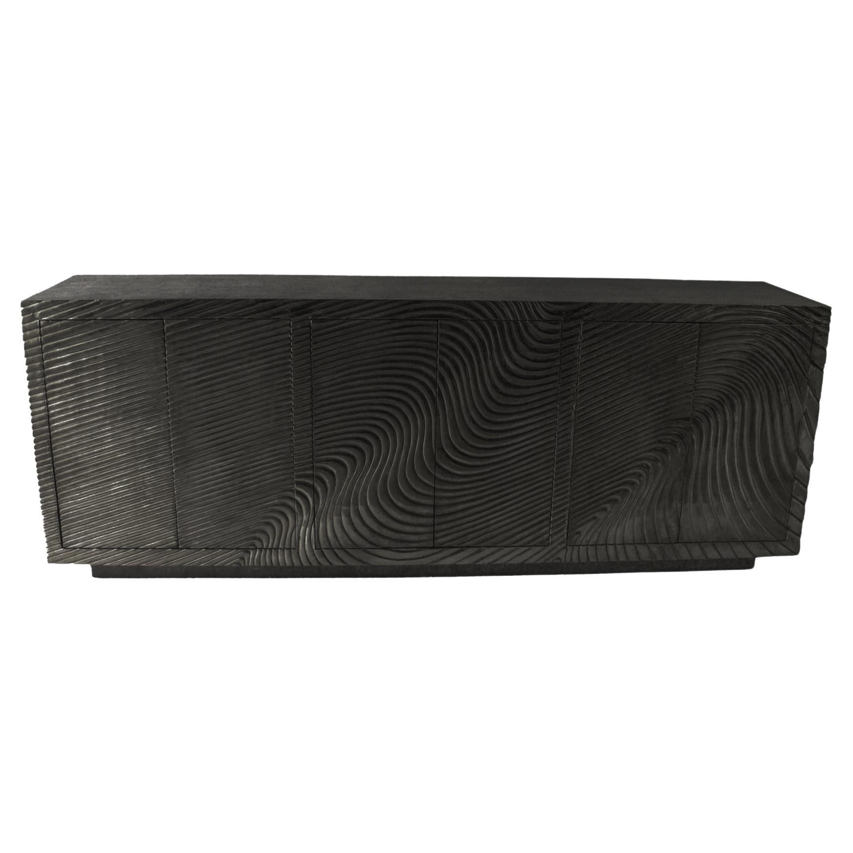 Contemporary Wave Credenza – Sculpted Sideboard, Dining Buffet, 86"