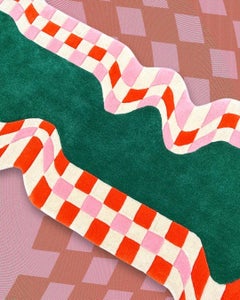 Alfombra contemporánea a cuadros ondulados en lana tejida a mano en rojo, rosa y verde