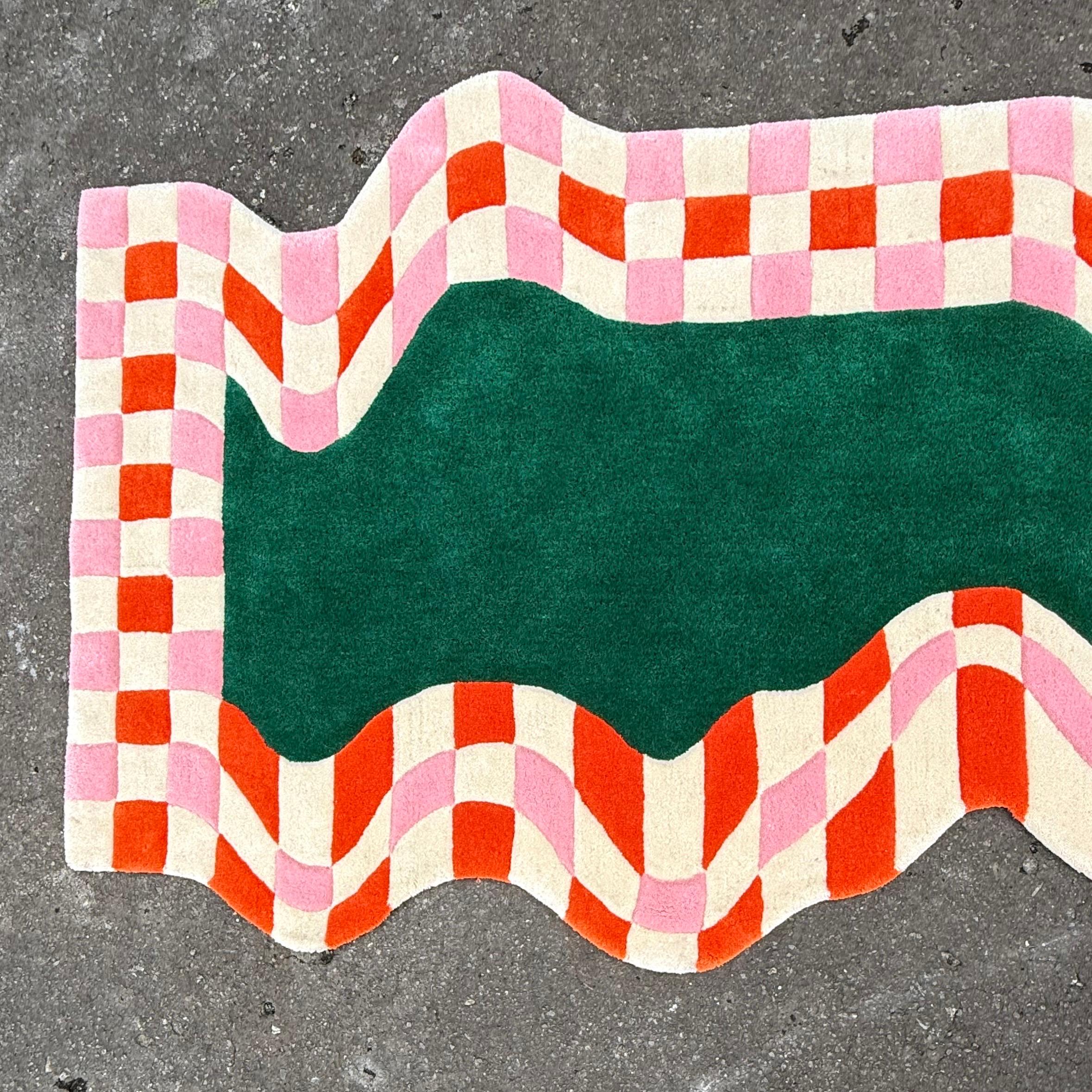 Modern Contemporary Wavy Checkered Rug in Red, Pink & Green Hand-Tufted Wool For Sale