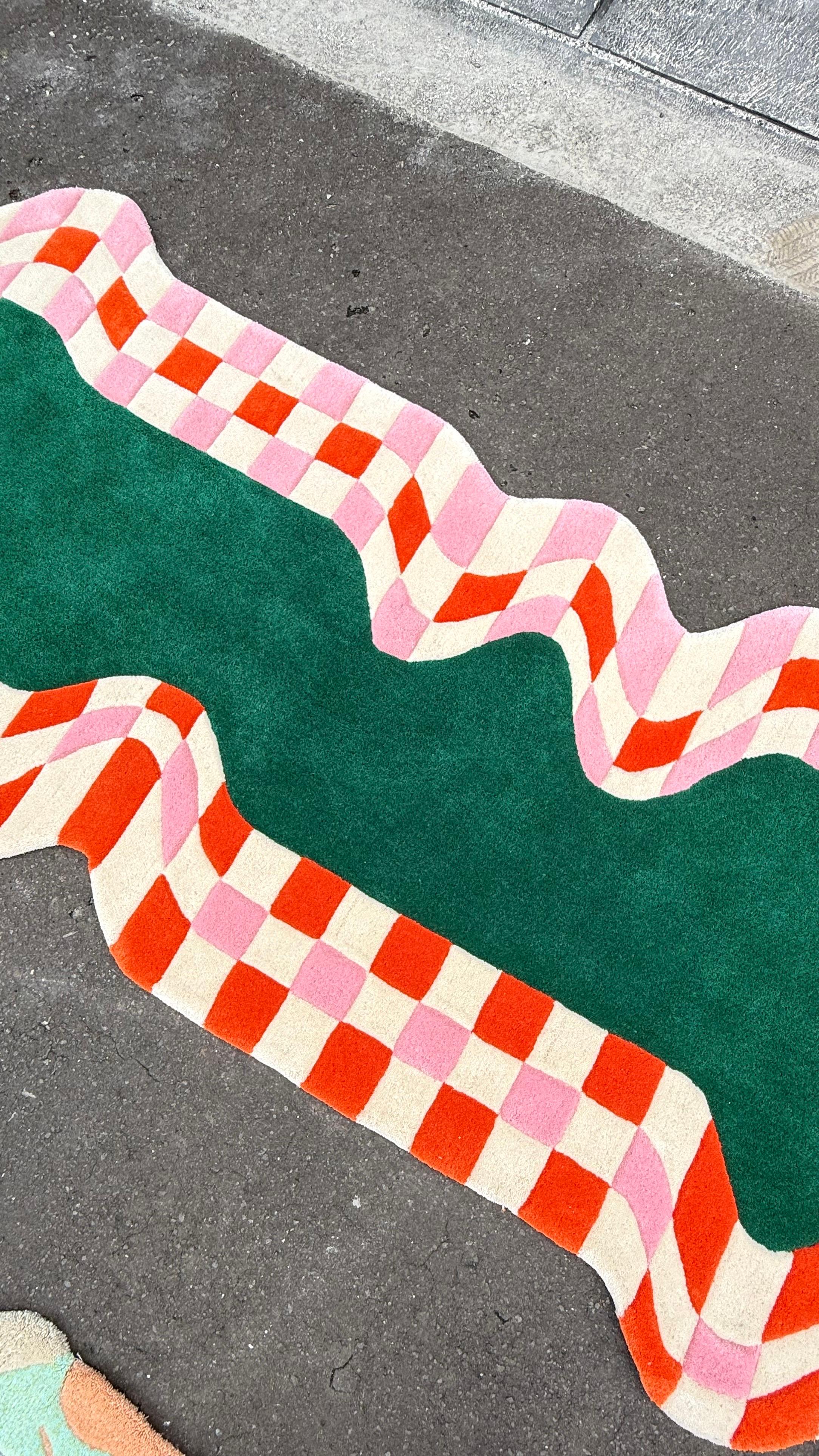 Indonesian Contemporary Wavy Checkered Rug in Red, Pink & Green Hand-Tufted Wool For Sale