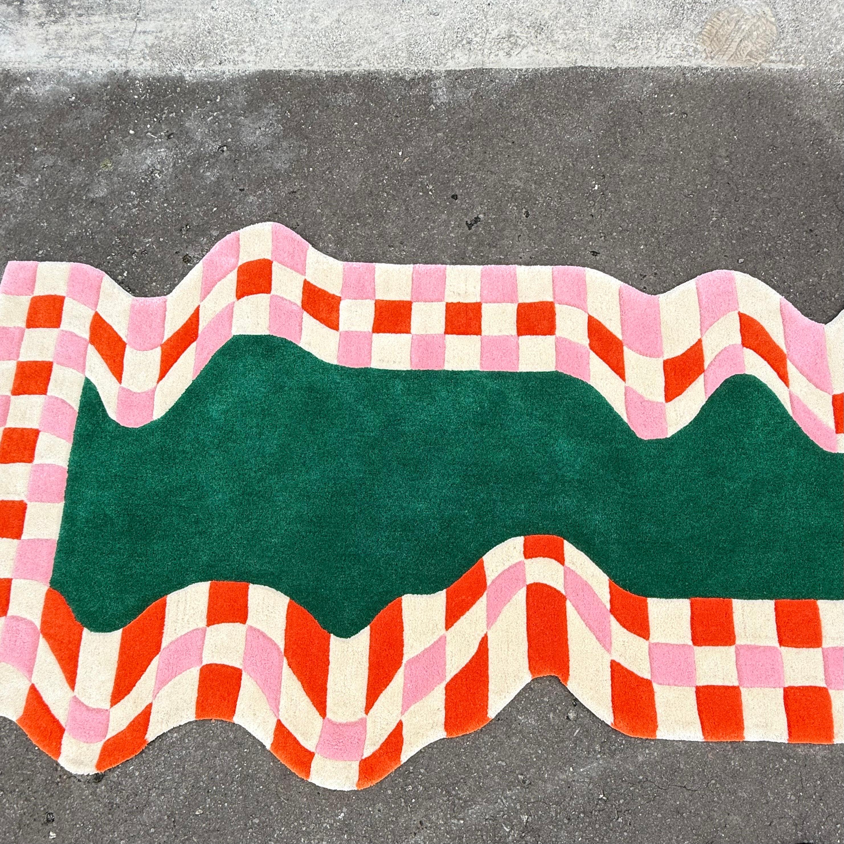 Contemporary Wavy Checkered Rug in Red, Pink & Green Hand-Tufted Wool For Sale 1