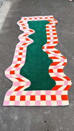 Contemporary Wavy Checkered Rug in Red, Pink & Green Hand-Tufted Wool