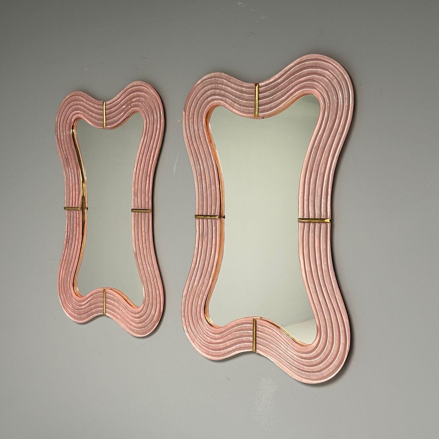 Italian Contemporary, Wavy Wall Mirrors, Pink Murano Glass, Brass, Italy, 2023 For Sale