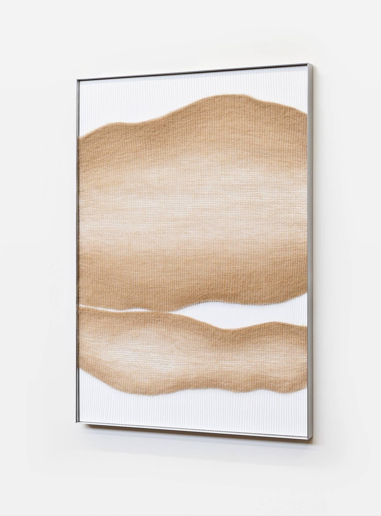 Tan live edge forms
Natural fibers, plywood and aluminium frame
Measures: 30” x 44” x 2”
2018
Colors: Taupe and white
Frame: Solid aluminium
Materials: Mohair, cotton, plywood and aluminium
Contemporary fiber art, weaving
Tapestry
This