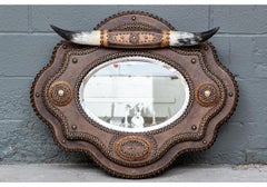 Contemporary Western Style Leather Framed Mirror With Horns, Signed