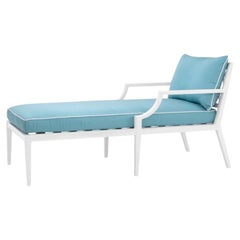 Lit de jardin contemporain en aluminium blanc avec revêtement Sunbrella bleu