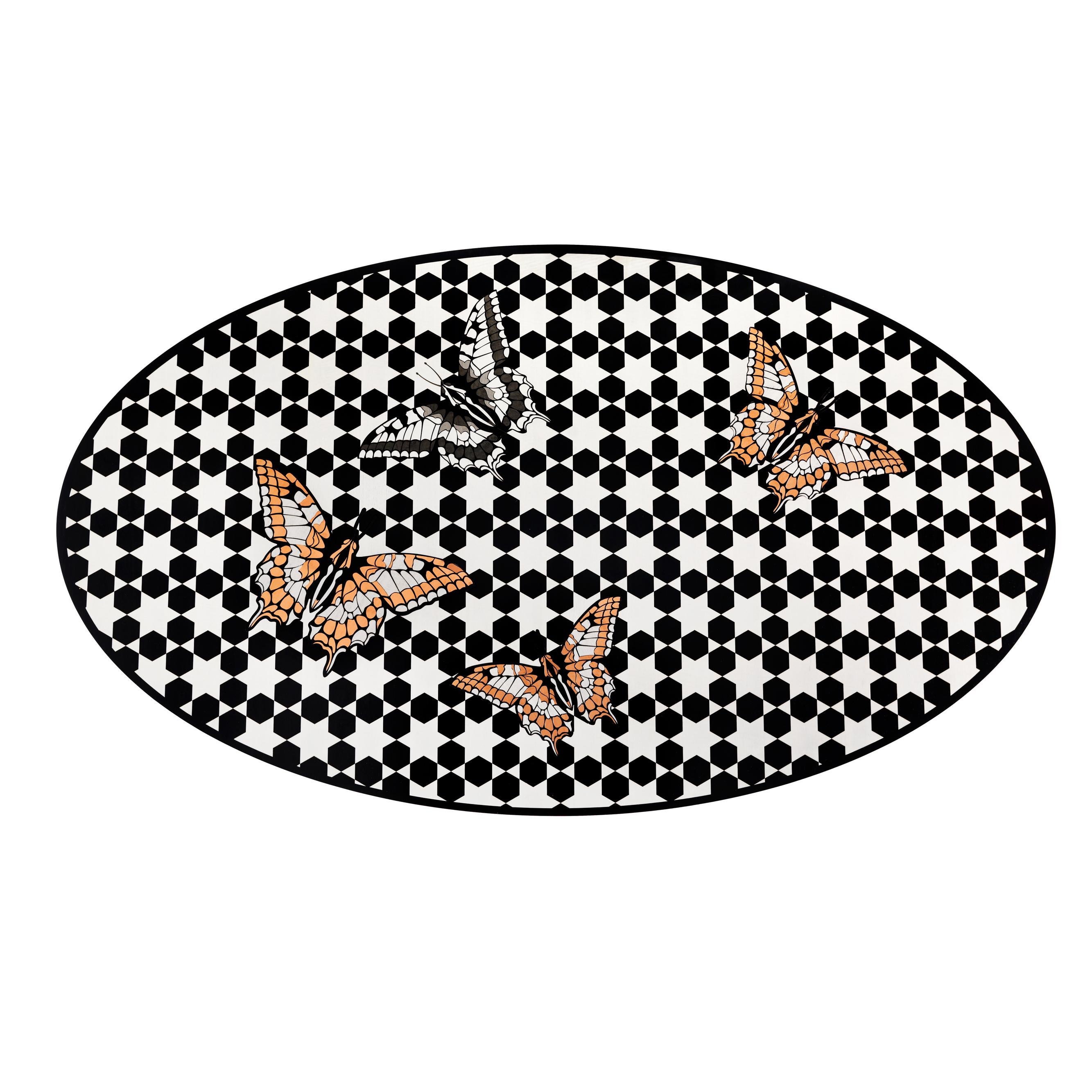 Other Contemporary White and Black Wood Veneer Oval Table with Copper Decorations  For Sale