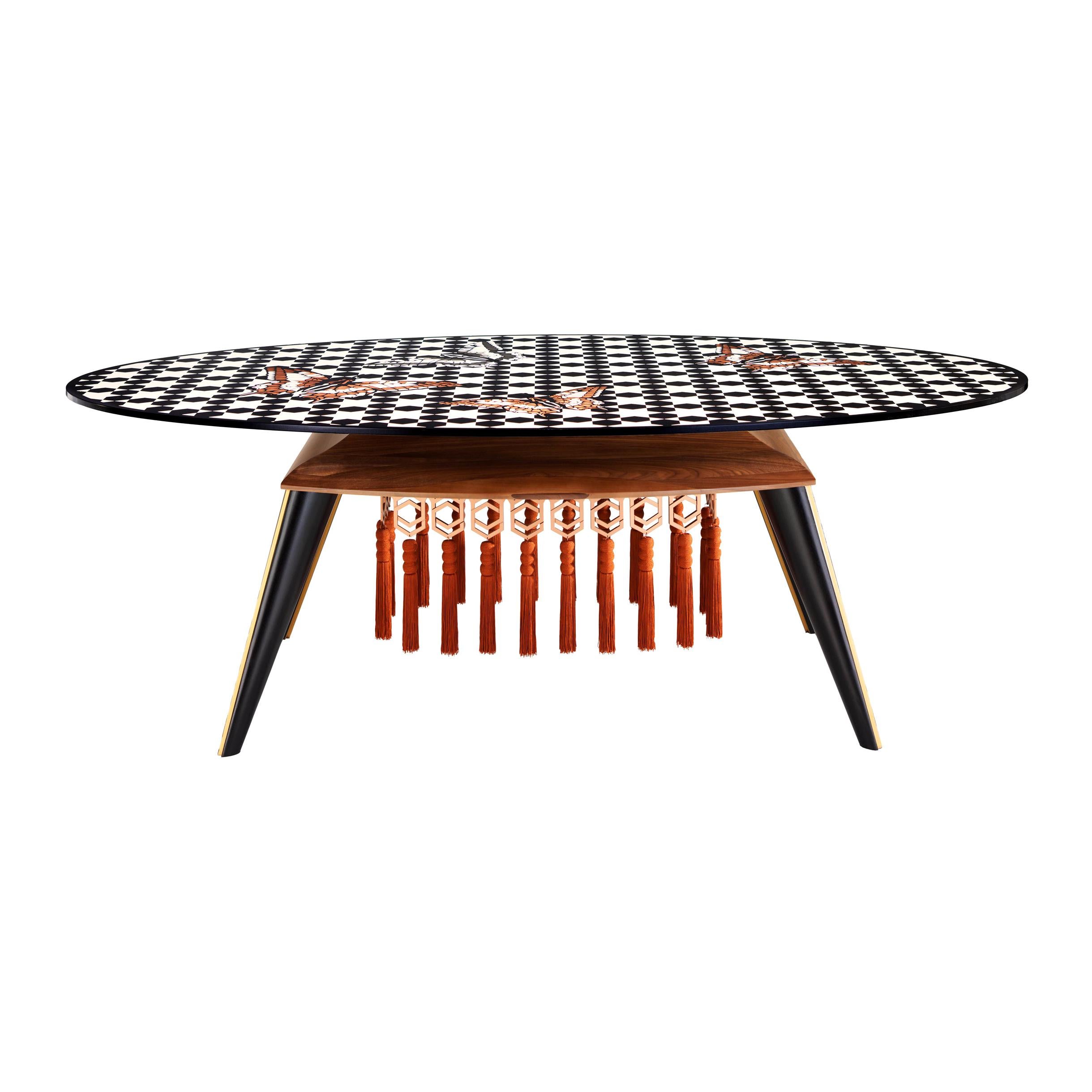 Contemporary White and Black Wood Veneer Oval Table with Copper Decorations For Sale