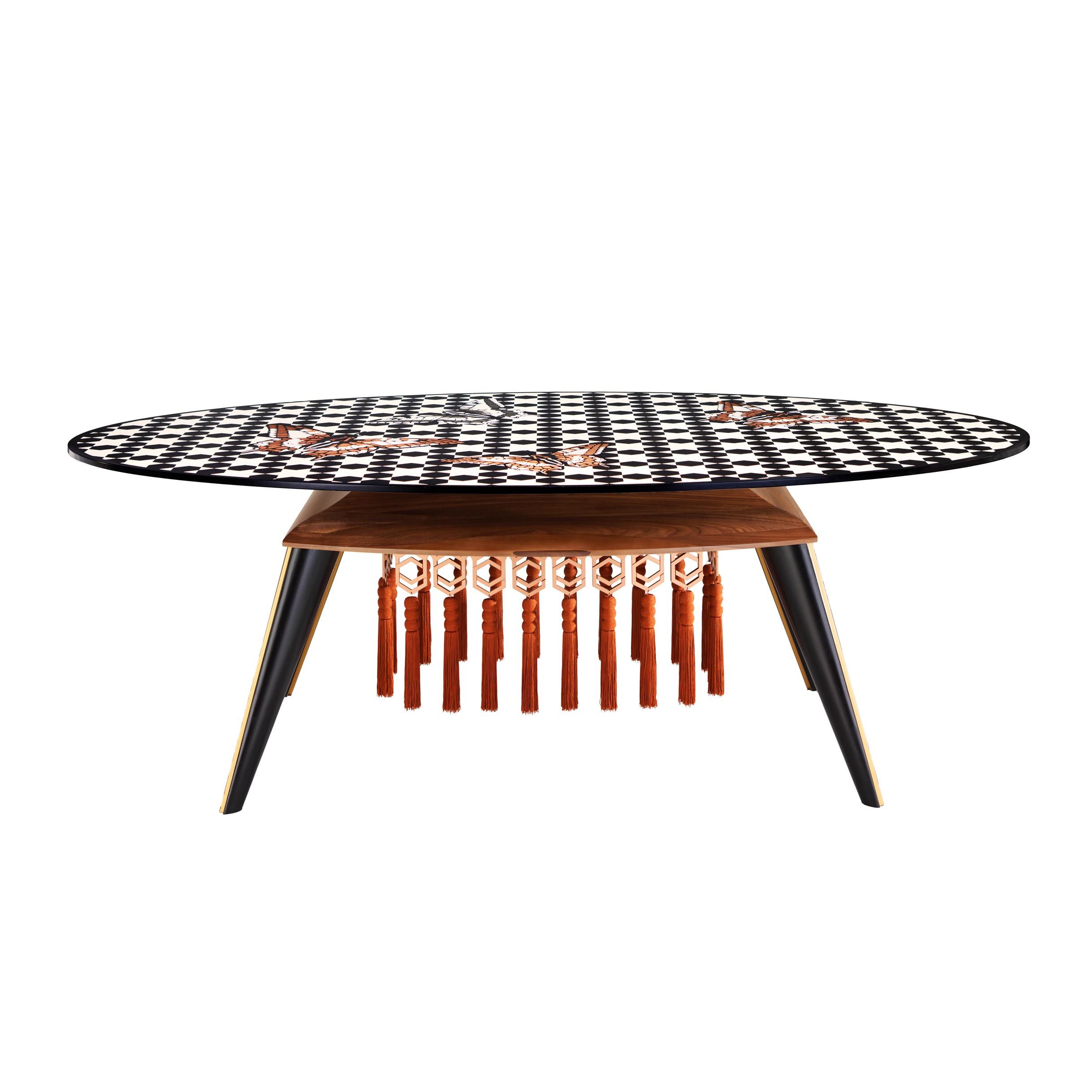 Contemporary White and Black Wood Veneer Oval Table with Copper Decorations  For Sale