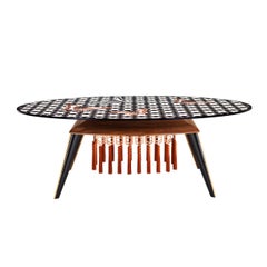Contemporary White and Black Wood Veneer Oval Table with Copper Decorations 