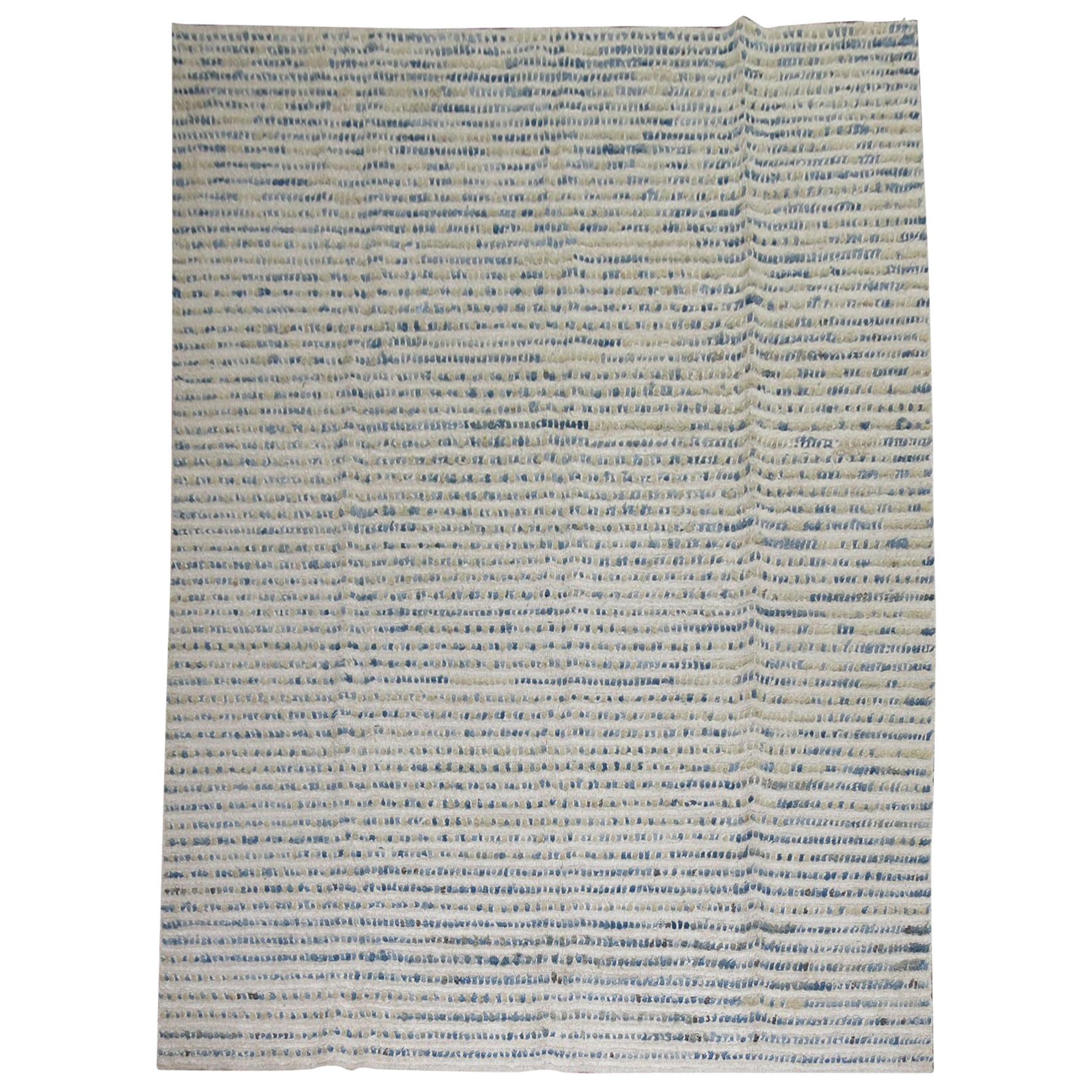 Contemporary White and Blue Turkish Room Size Wool Rug