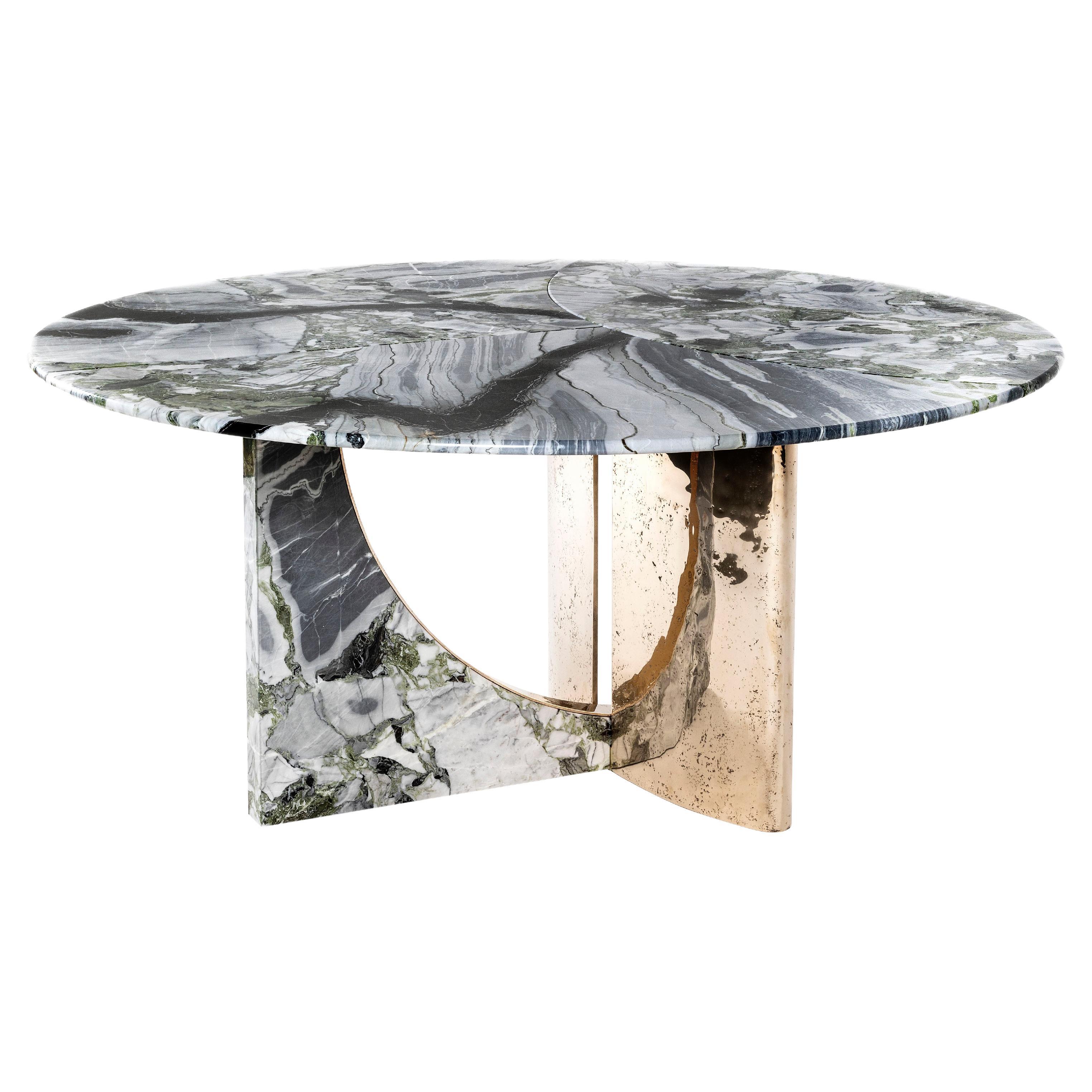 Contemporary "White Beauty" Marble, Green, Round Dining Table with Brass Base