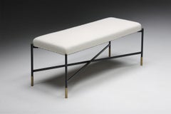 Contemporary White Bouclé Bench with Metal Base & Brass Details, Italy, 1970s