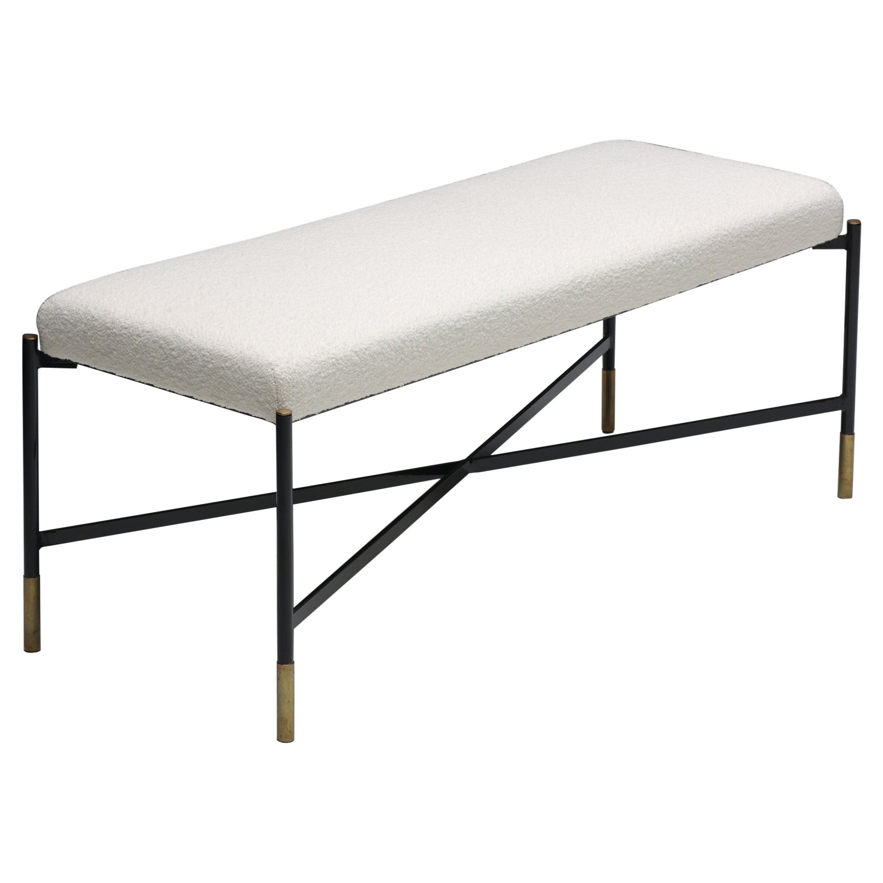 Contemporary White Bouclé Bench with Metal Base 
Brass Details, Italy, 1970s