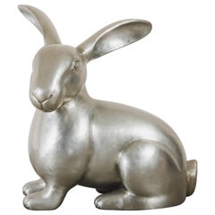 Contemporary White Bronze Rabbit Sculpture by Robert Kuo, Hand Repoussé